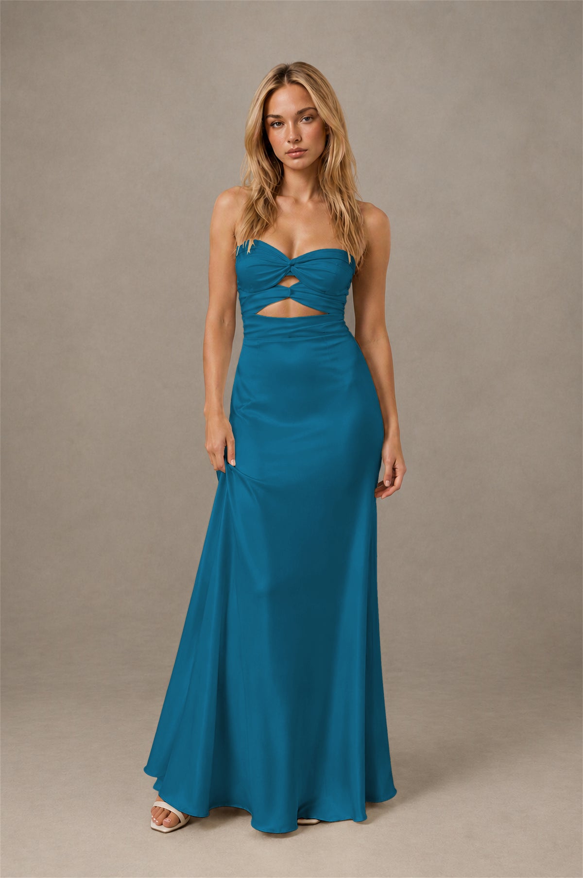 BOLODOO Peacock Sweetheart Strapless Twist Knot Cutout Lace-Up Back Satin Mermaid Maxi Dress - Peacock - Peacock(1)