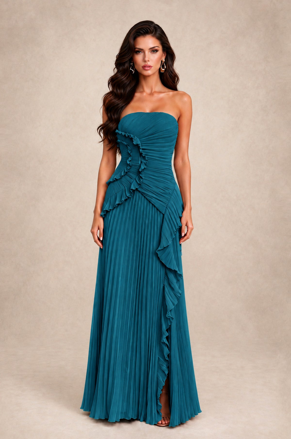 BOLODOO Peacock Strapless Ruffle Pleated Slit Evening Gown - Peacock - Peacock_1