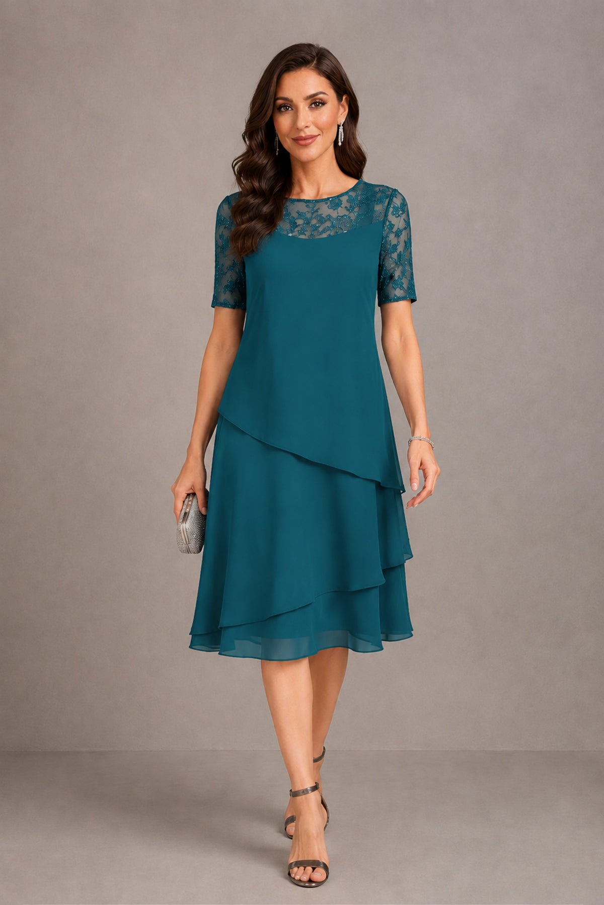 BOLODOO Peacock Illusion Lace Short Sleeve Tiered Chiffon Tea Length Dress | Mother of the Bride Midi Dress - Peacock