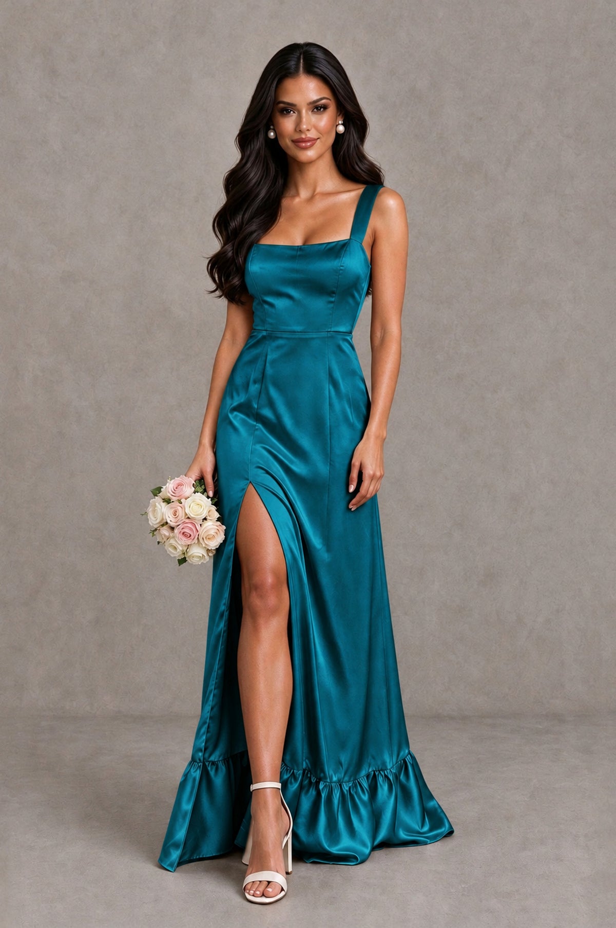 BOLODOO Peacock Square Neck Satin Evening Dress with Lace-Up Back and High Slit - Peacock - Peacock_1