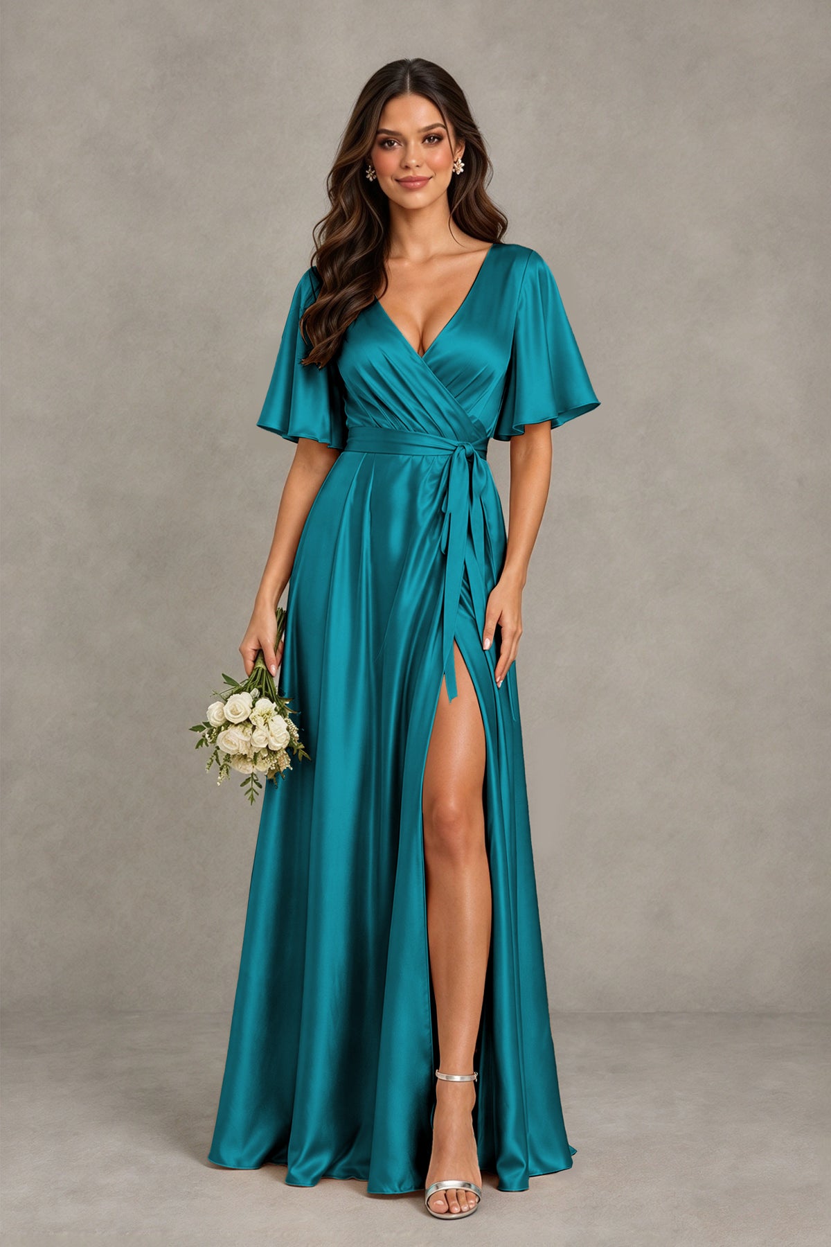 BOLODOO Peacock Satin V-Neck Flutter Sleeve Bridesmaid Dress with Slit - Peacock - Peacock(1)
