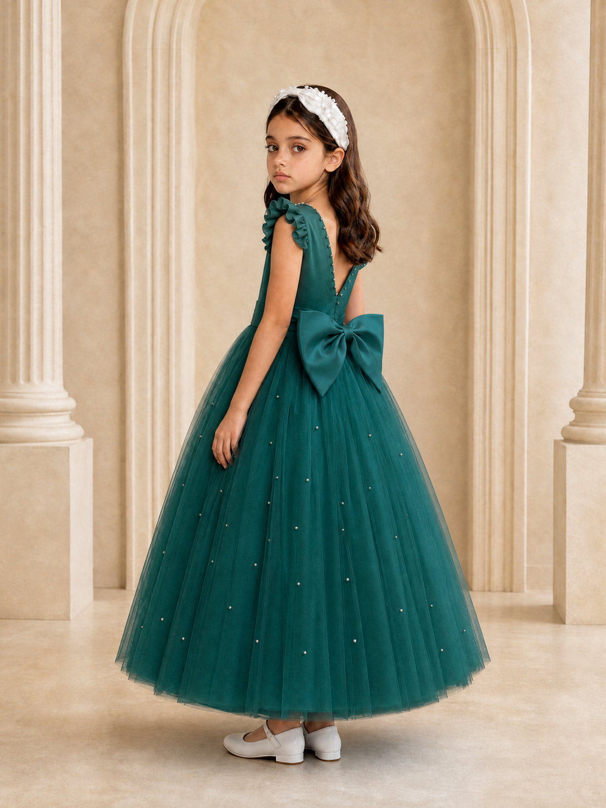 BOLODOO Peacock Tulle Flower Girl Dress with Ruffle Sleeves & Bow Back - Peacock - Peacock_1