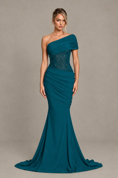 BOLODOO Peacock One-Shoulder Sequin Embroidered Ruched Mermaid Gown with Train - Peacock - Peacock_1