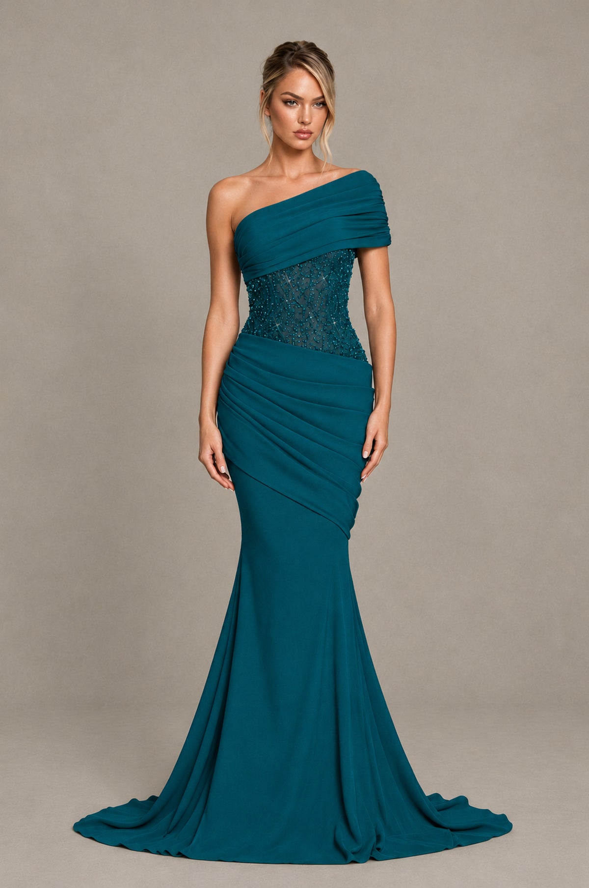 BOLODOO Peacock One-Shoulder Sequin Embroidered Ruched Mermaid Gown with Train - Peacock - Peacock_1
