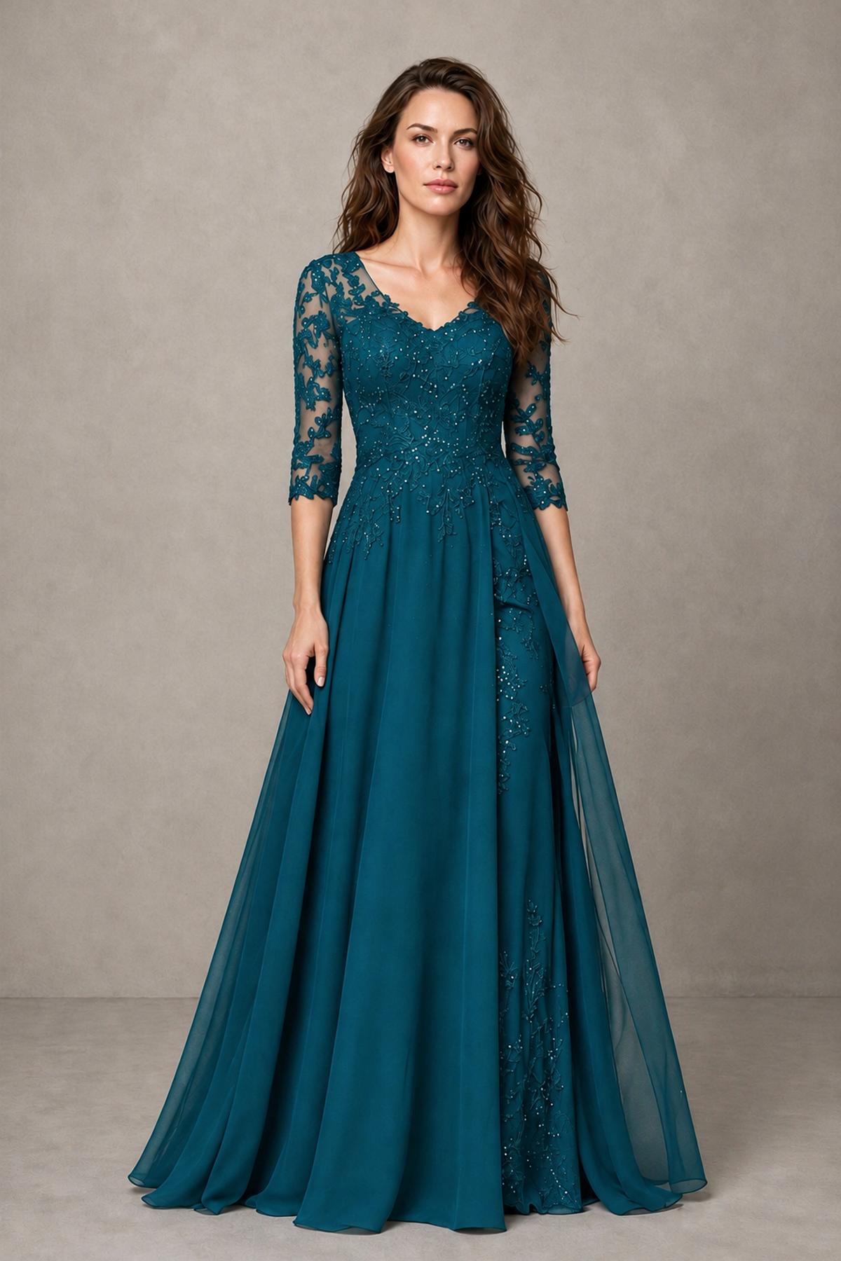 BOLODOO Midnight Peacock Beaded Lace Appliqué Chiffon A-Line Gown | Mother of the Bride & Formal Evening Dress - Peacock - Peacock_1