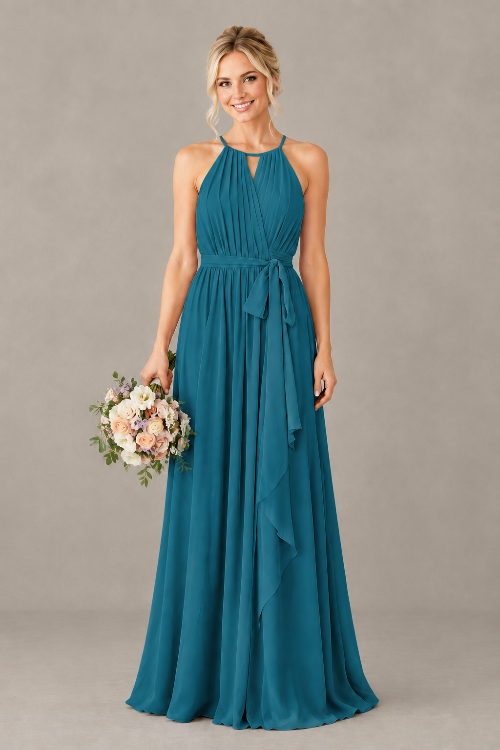 BOLODOO Peacock Halter Chiffon Bridesmaid Dress with High Slit - Peacock
