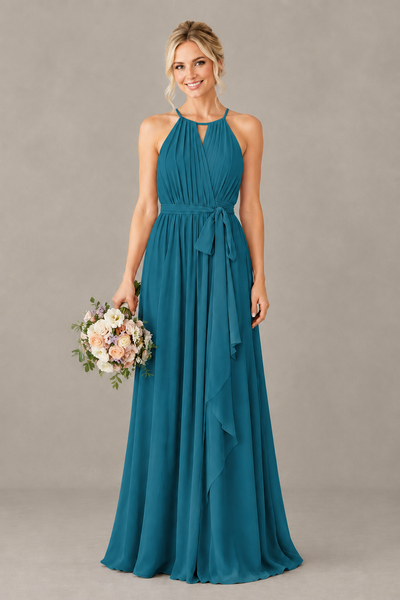 BOLODOO Peacock Halter Chiffon Bridesmaid Dress with High Slit - Peacock