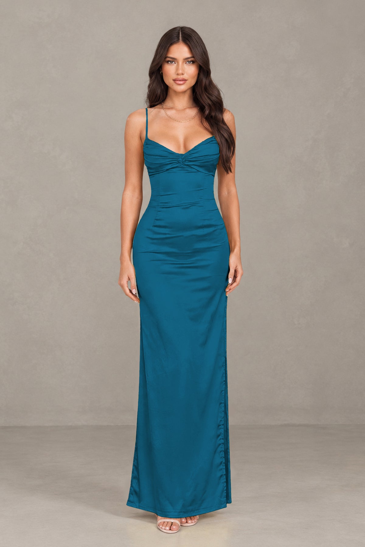BOLODOO Peacock Satin Cowl Neck Open Back Mermaid Maxi Dress with Side Slit - Peacock