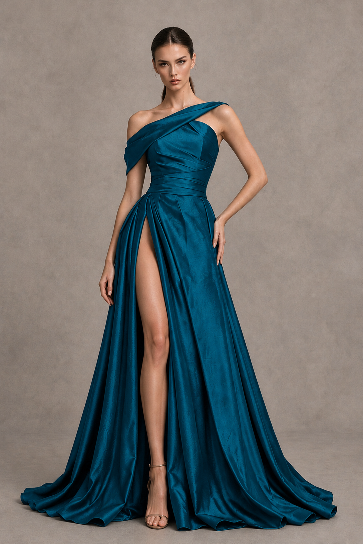 BOLODOO Peacock Asymmetric Satin-Look A-Line Prom Dress with High Slit - Peacock - Peacock_1