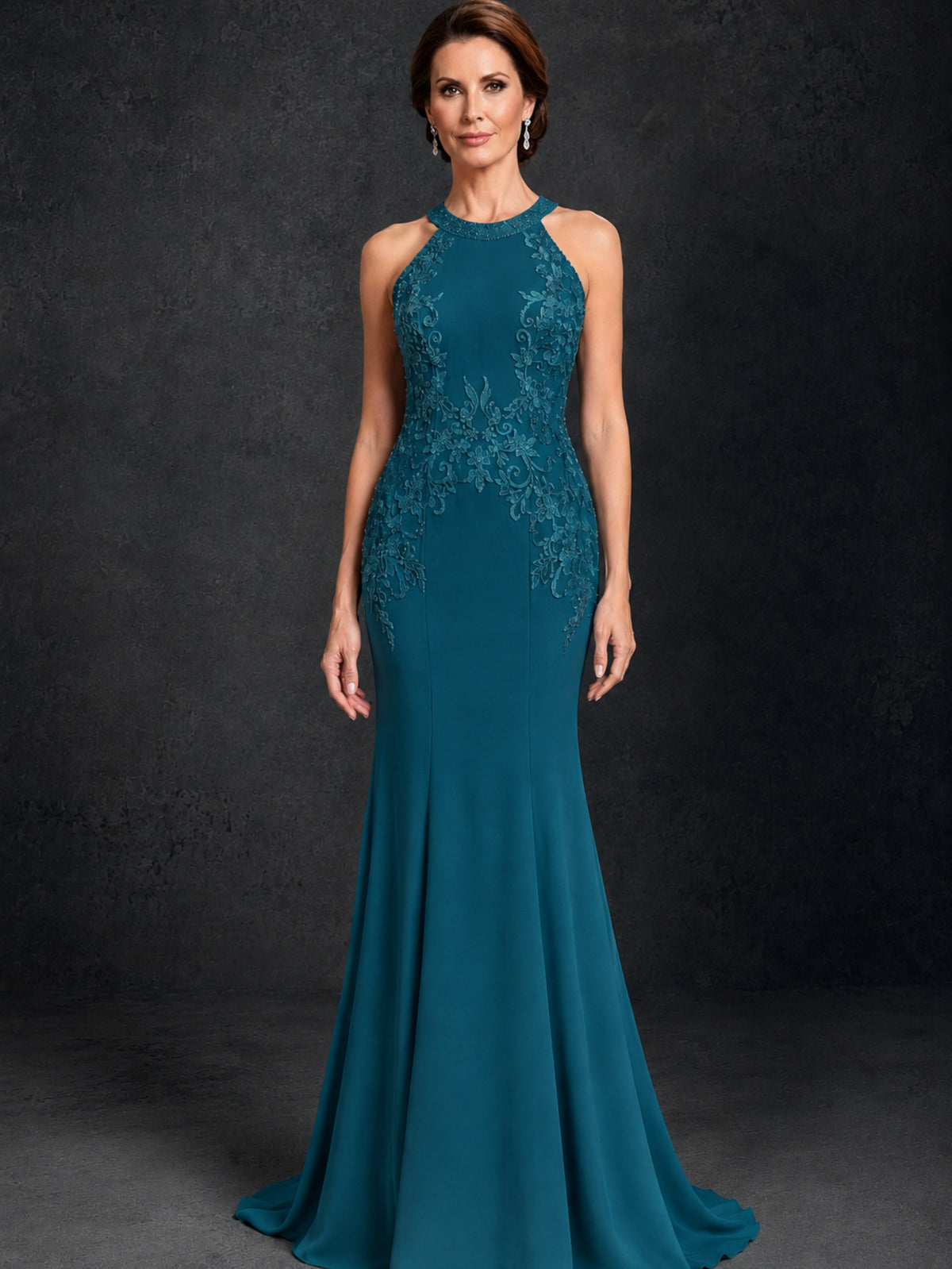 BOLODOO Peacock Lace Applique Halter Neck Sheer Back Mermaid Maxi Dress with Sweep Train - Peacock