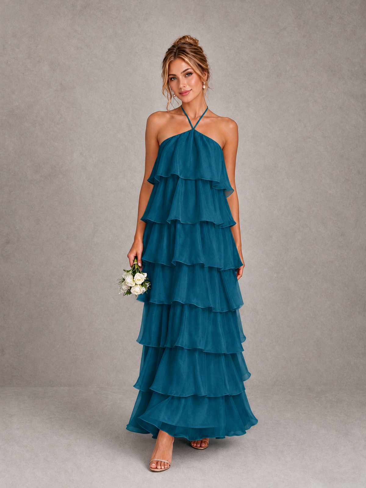 BOLODOO Peacock Halter Tiered Ruffle Maxi Bridesmaid Dress - Peacock - Peacock_1