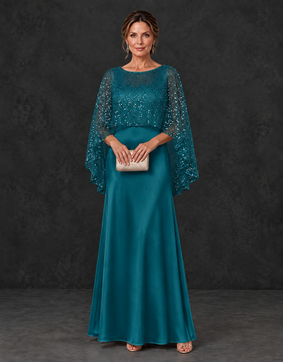 BOLODOO Peacock Sparkle Cape Sleeve Mother of the Bride Dress - Peacock - Peacock_1