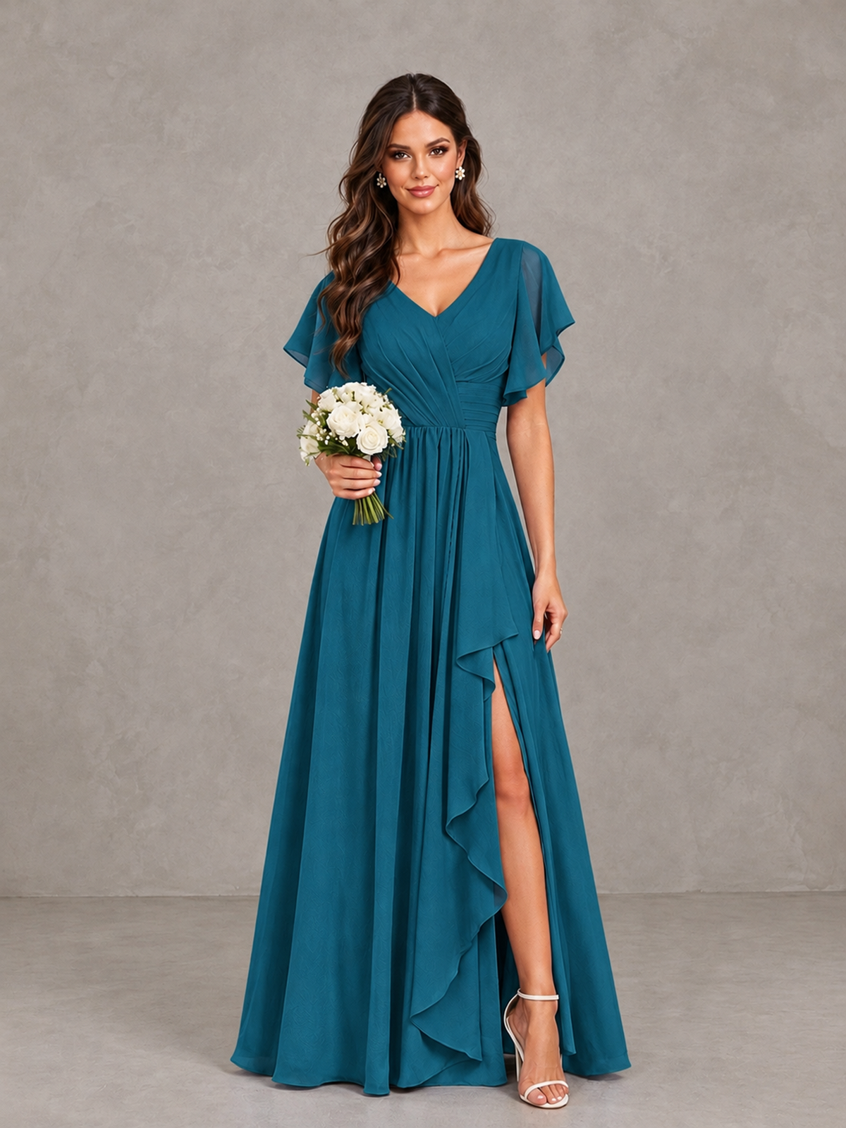 BOLODOO Peacock Flutter Sleeve V-Neck Bridesmaid Dress with Ruffle Slit - Peacock - Peacock_1
