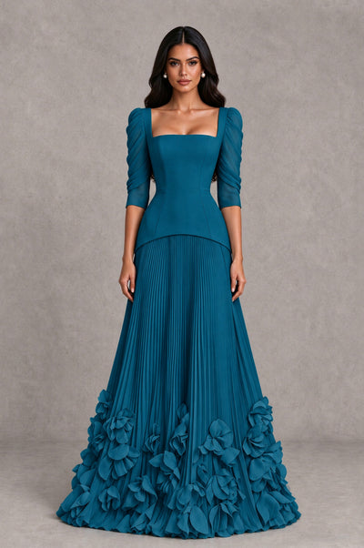BOLODOO Peacock Square Neck Pleated Floral Applique Evening Dress - Peacock - Peacock_1