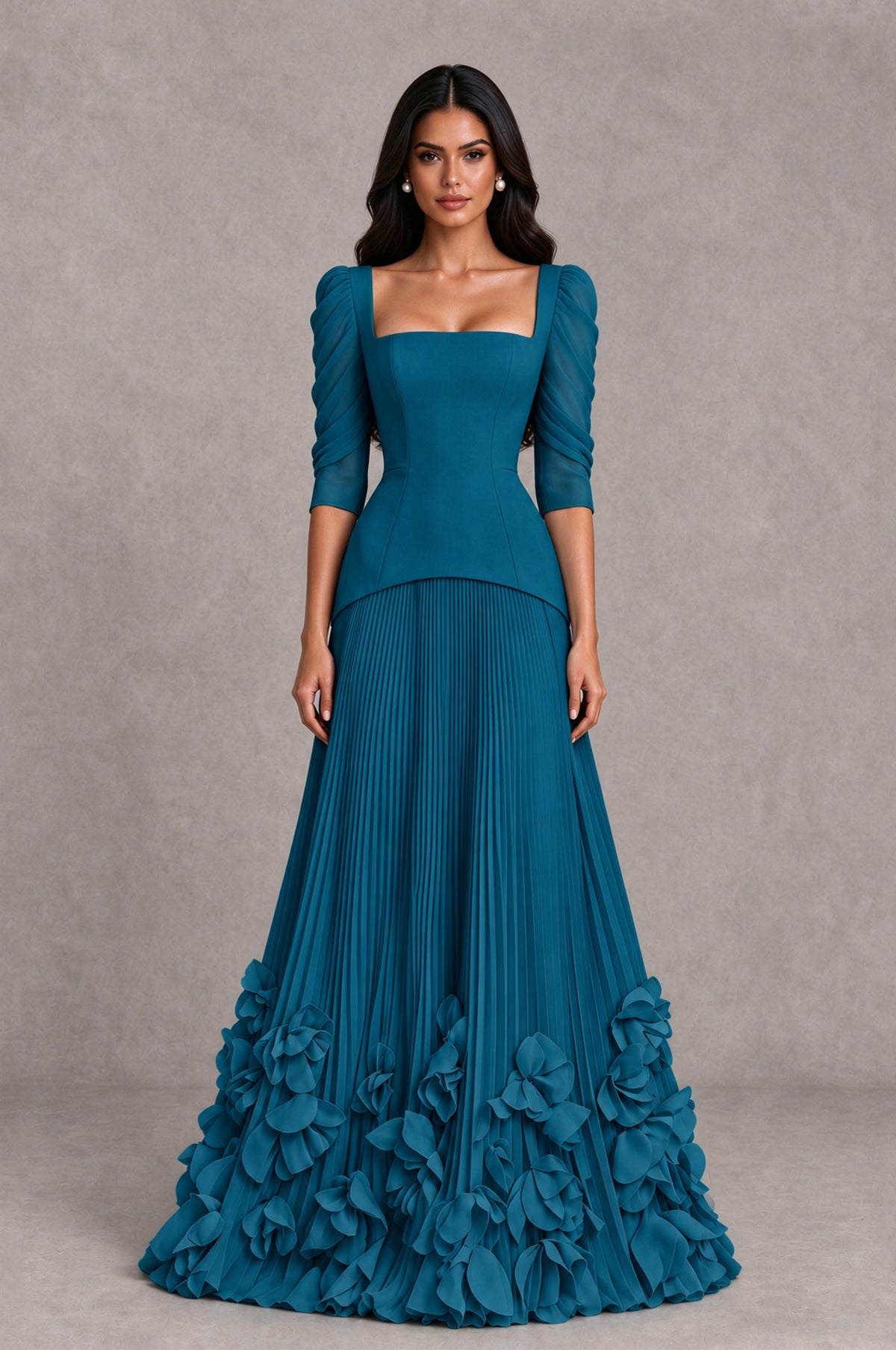 BOLODOO Peacock Square Neck Pleated Floral Applique Evening Dress - Peacock - Peacock_1