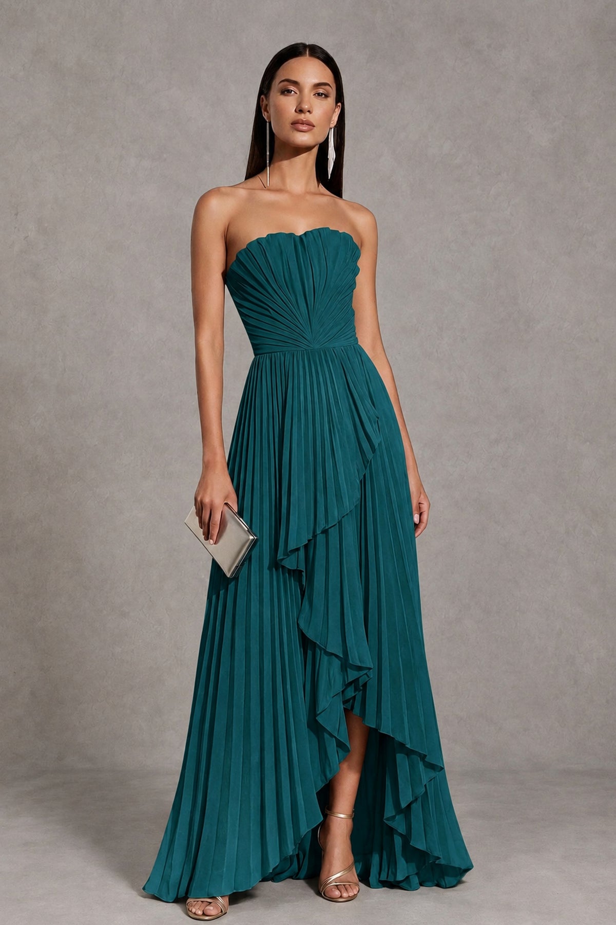 Peacock Strapless Pleated High-Low Evening Gown with Ruffle Hem - Peacock