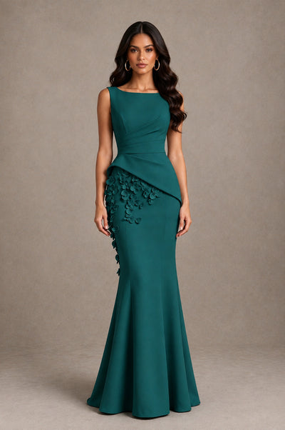 BOLODOO Peacock Bateau Neck Sleeveless Asymmetric Peplum 3D Petal Appliqué Mermaid Gown BD0421 - Peacock - Peacock_1