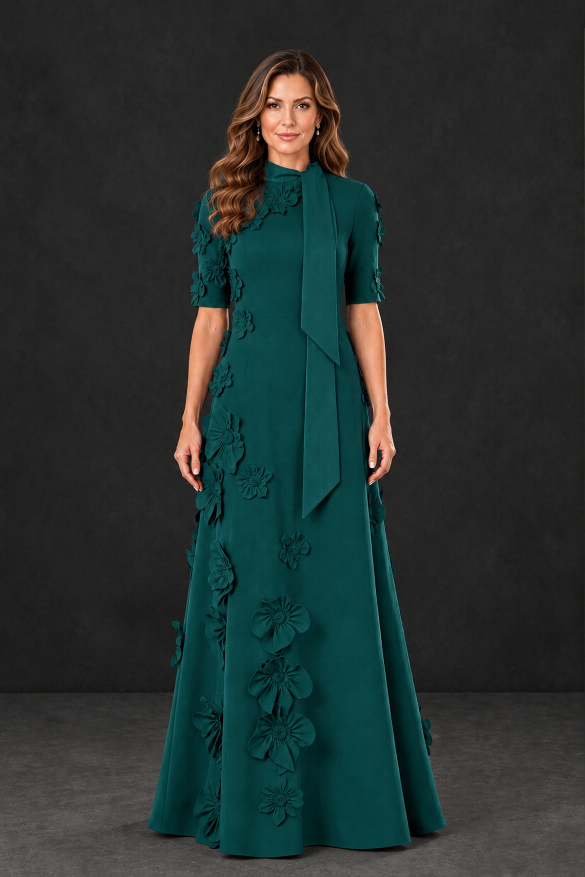 BOLODOO Peacock Floral Applique High-Neck Half-Sleeve Gown - Peacock - Peacock_1