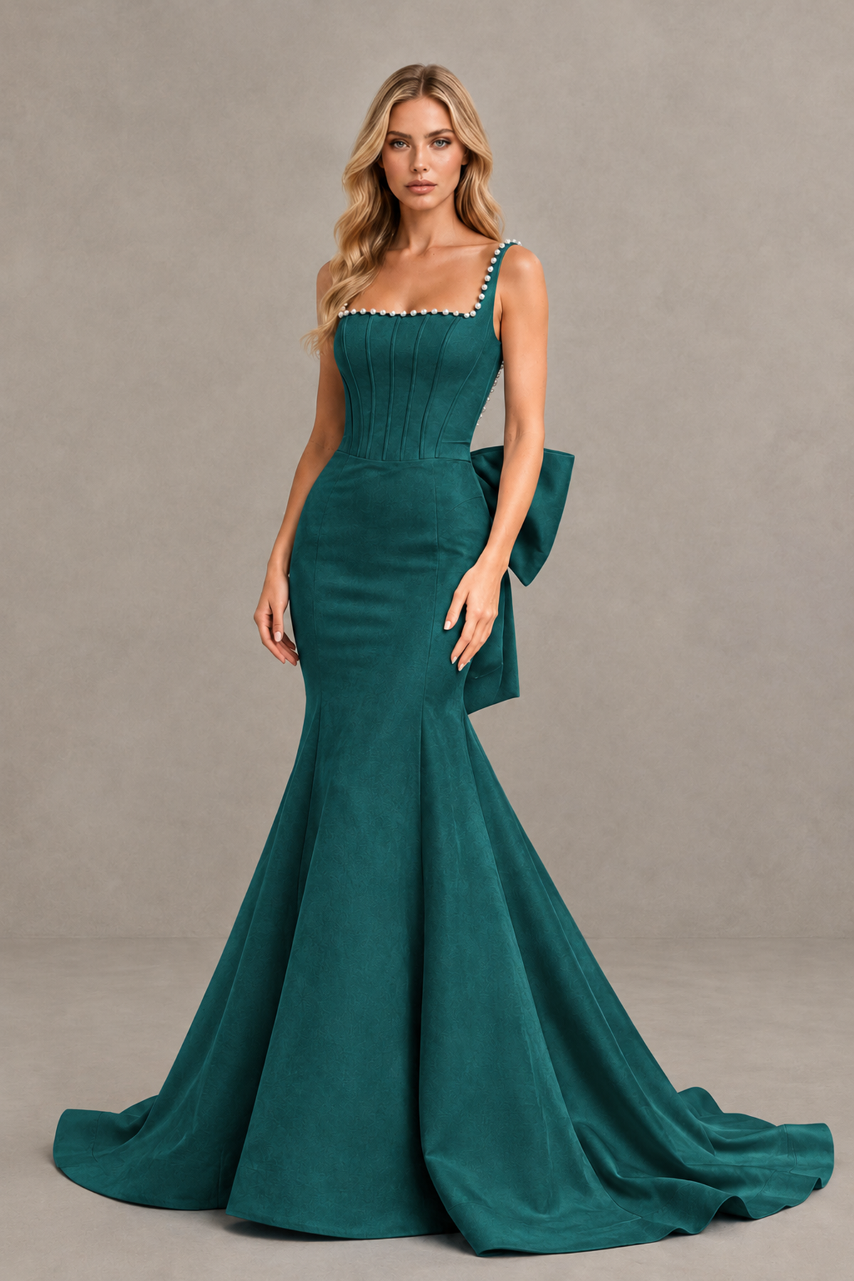 BOLODOO Peacock Pearl-Trim Mermaid Prom Dress with Back Bow - Peacock - Peacock_1
