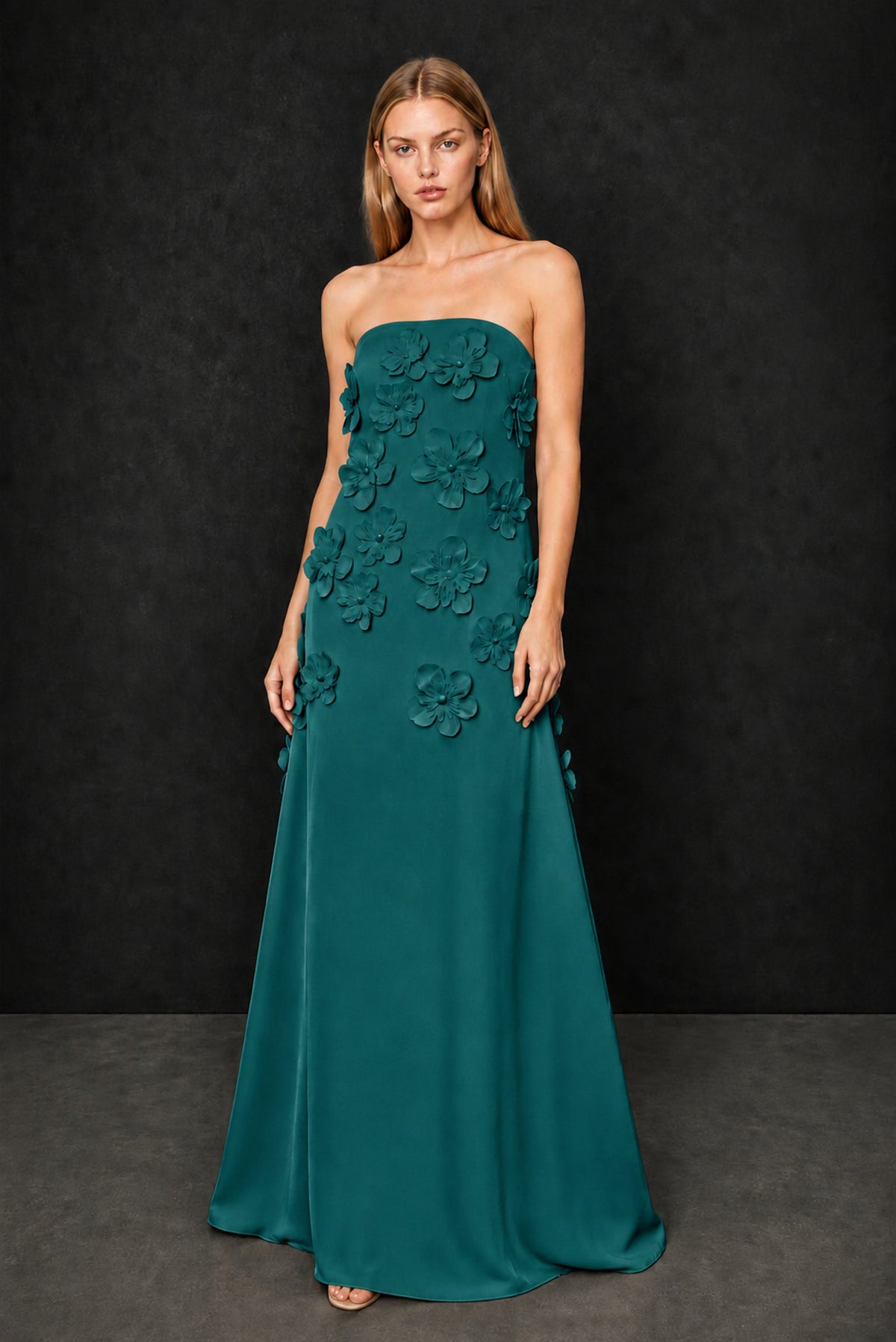 BOLODOO Peacock Strapless 3D Floral Appliqué Crepe Maxi Gown - Peacock