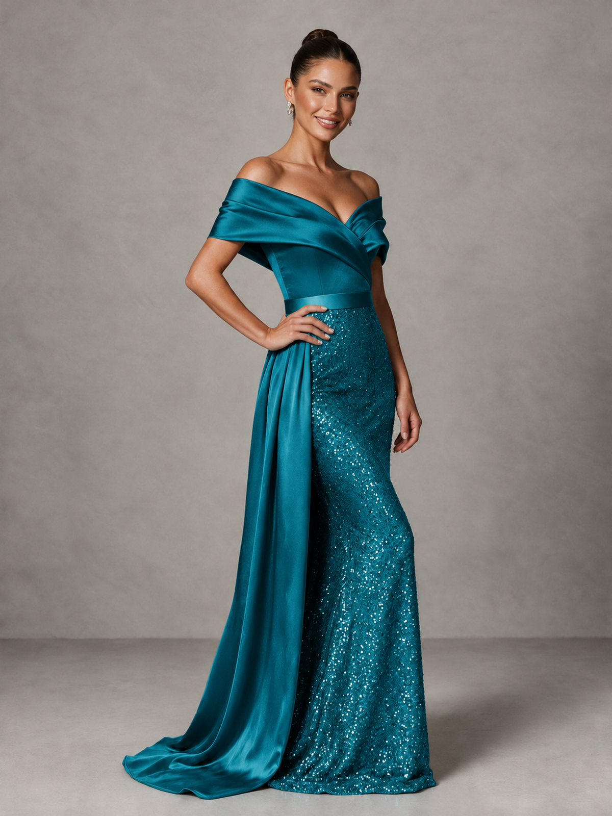 BOLODOO Peacock Sequin Mermaid Evening Dress with Off-Shoulder Satin Drape and Sweep Train - Peacock - Peacock_1