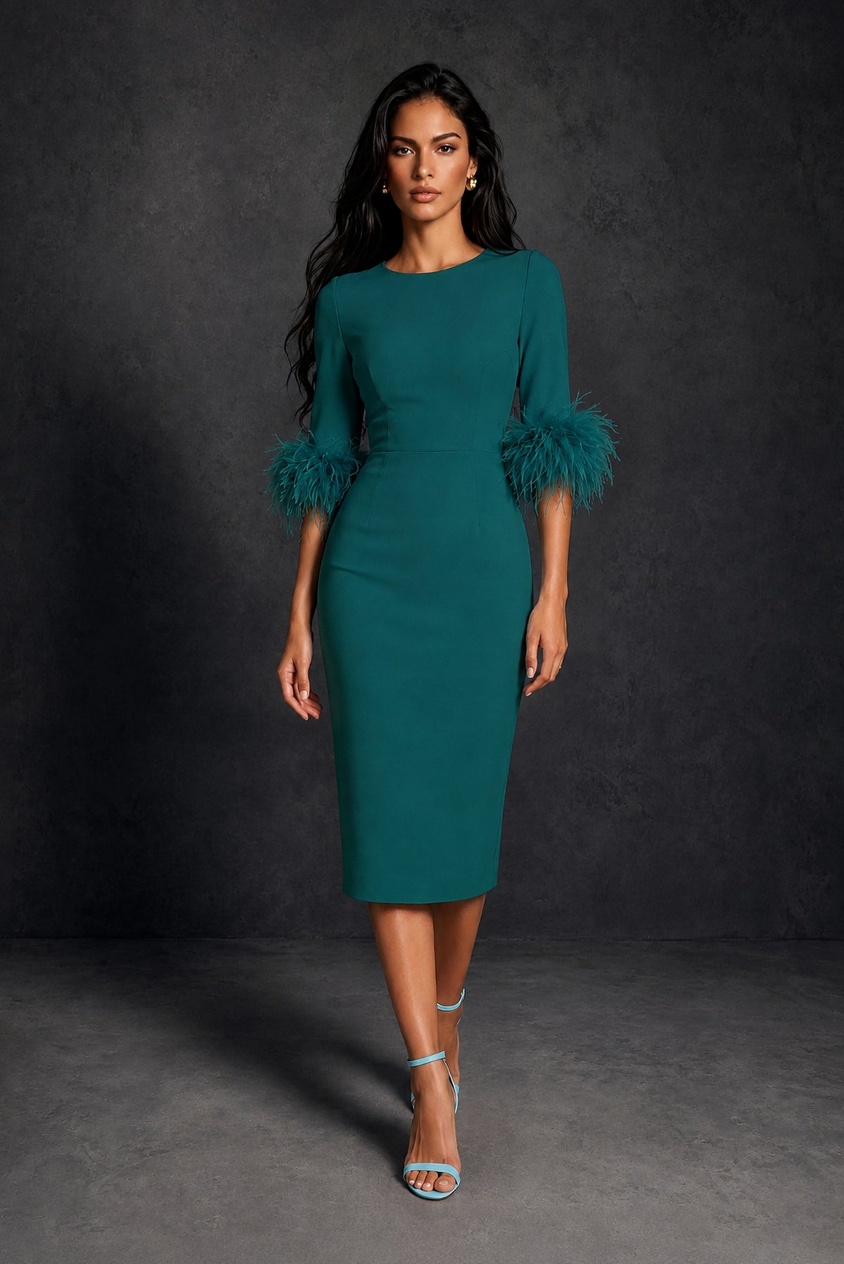 BOLODOO Peacock Ostrich Feather Cuff 3/4 Sleeve Round Neck Bodycon Midi Dress with Back Slit - Peacock