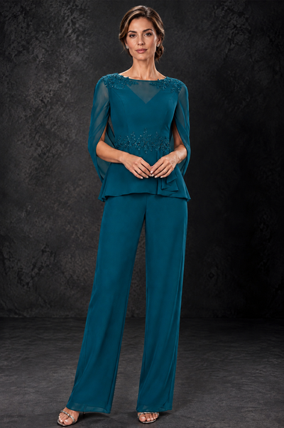 BOLODOO Peacock Embellished Cape Sleeve Mother of the Bride Pantsuit - Peacock - Peacock_1