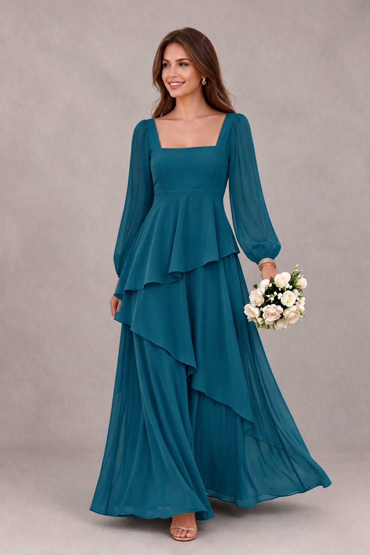 BOLODOO Peacock Long Sleeve Ruffle Bridesmaid Dresses - Peacock - Peacock_1