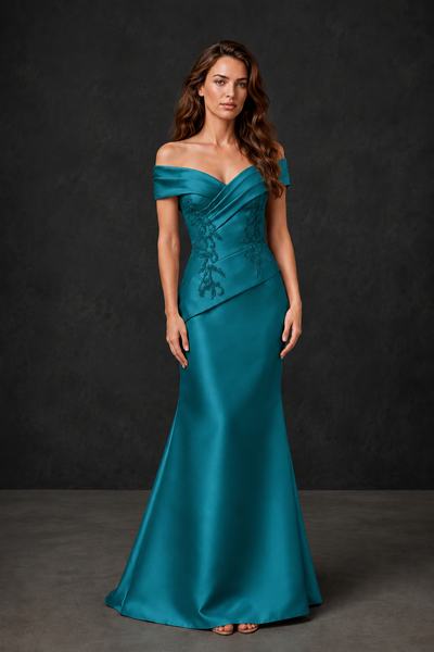 BOLODOO Peacock Satin Off-Shoulder Sweetheart Asymmetric Peplum Mermaid Gown with Peacock Floral Embroidery | MOB Evening Dress - Peacock