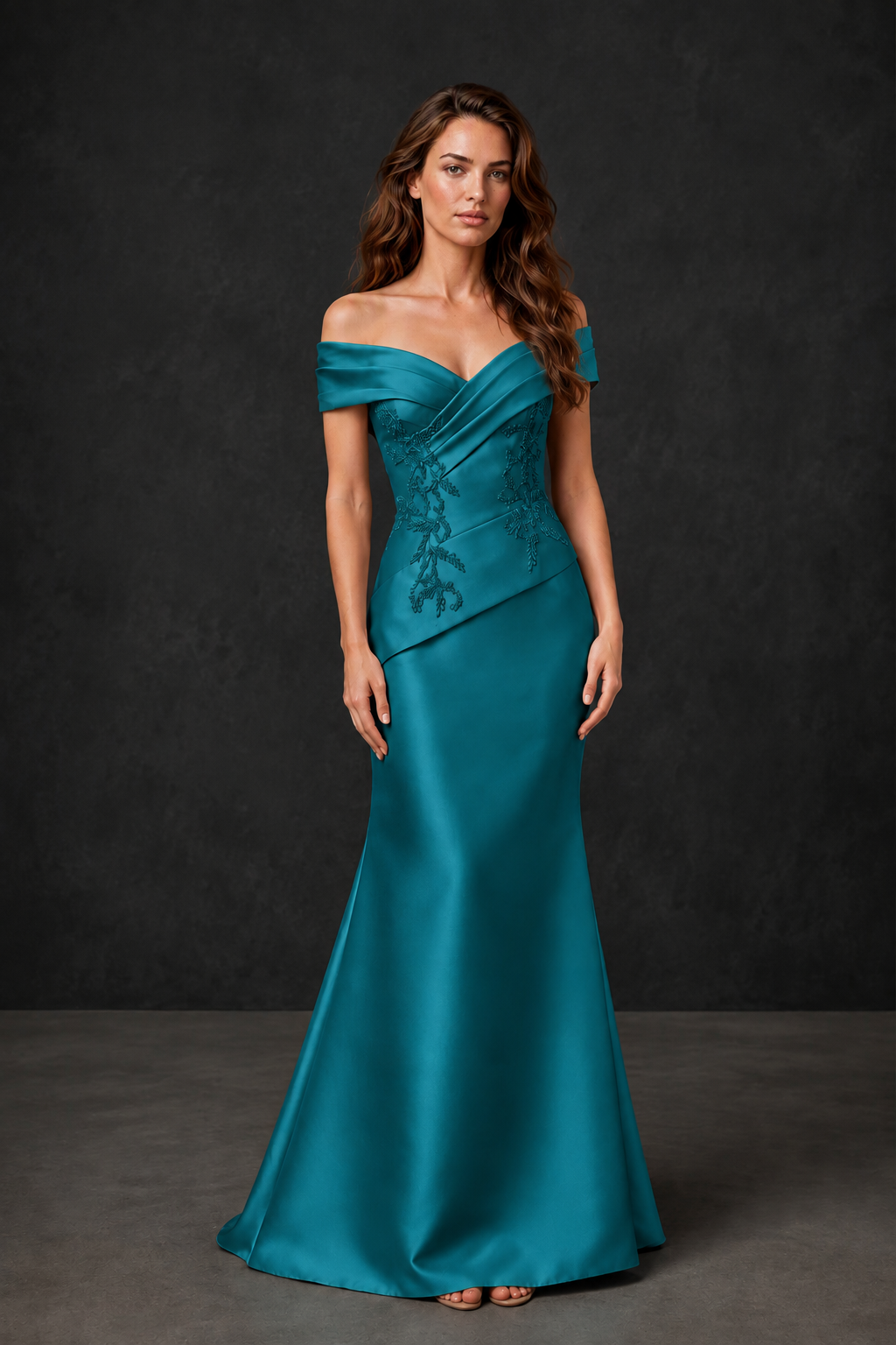 BOLODOO Peacock Satin Off-Shoulder Sweetheart Asymmetric Peplum Mermaid Gown with Peacock Floral Embroidery | MOB Evening Dress - Peacock