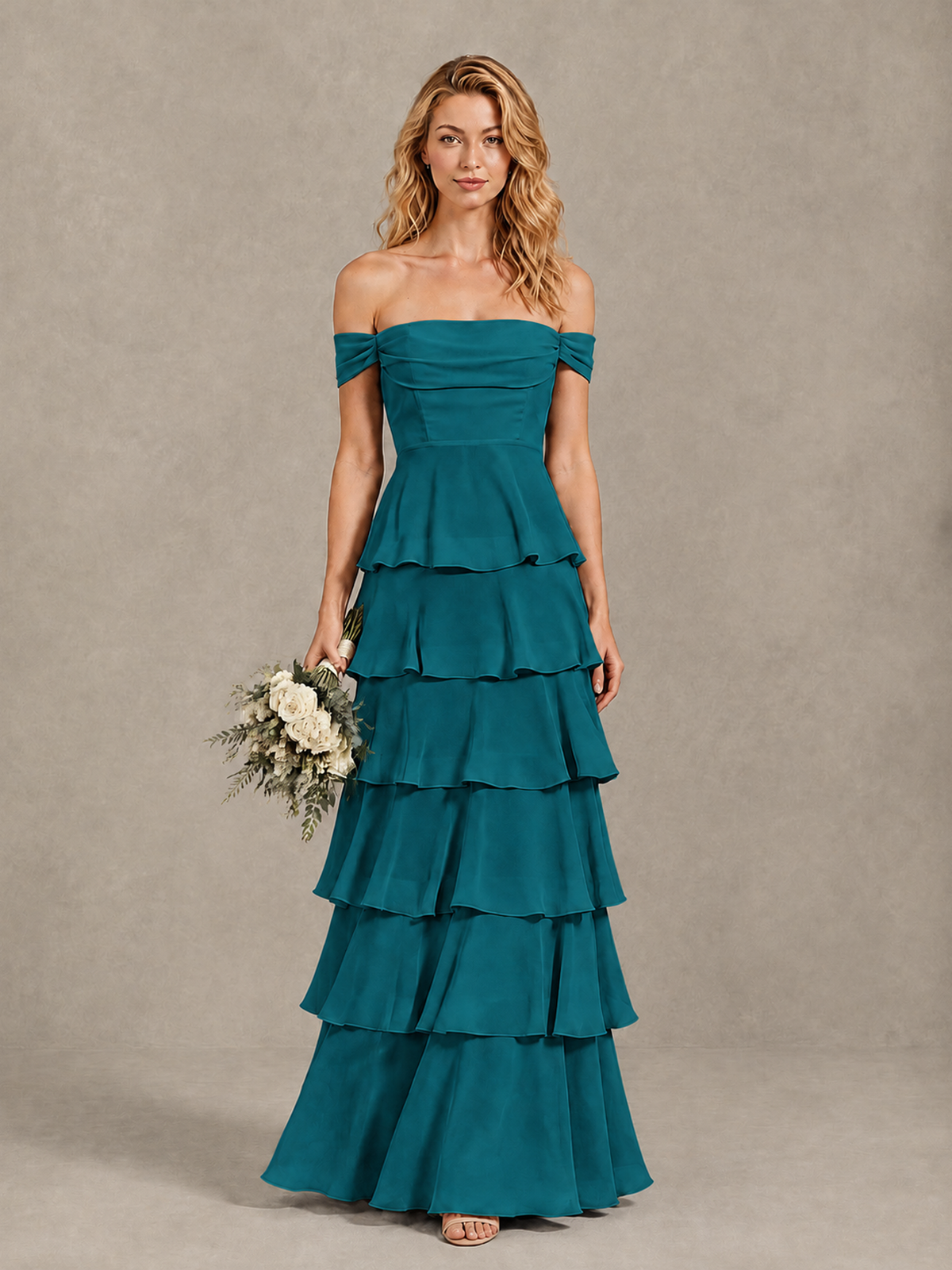 BOLODOO Peacock Off-Shoulder Tiered Ruffle Bridesmaid Dress with Lace-Up Back - Peacock - Peacock_1