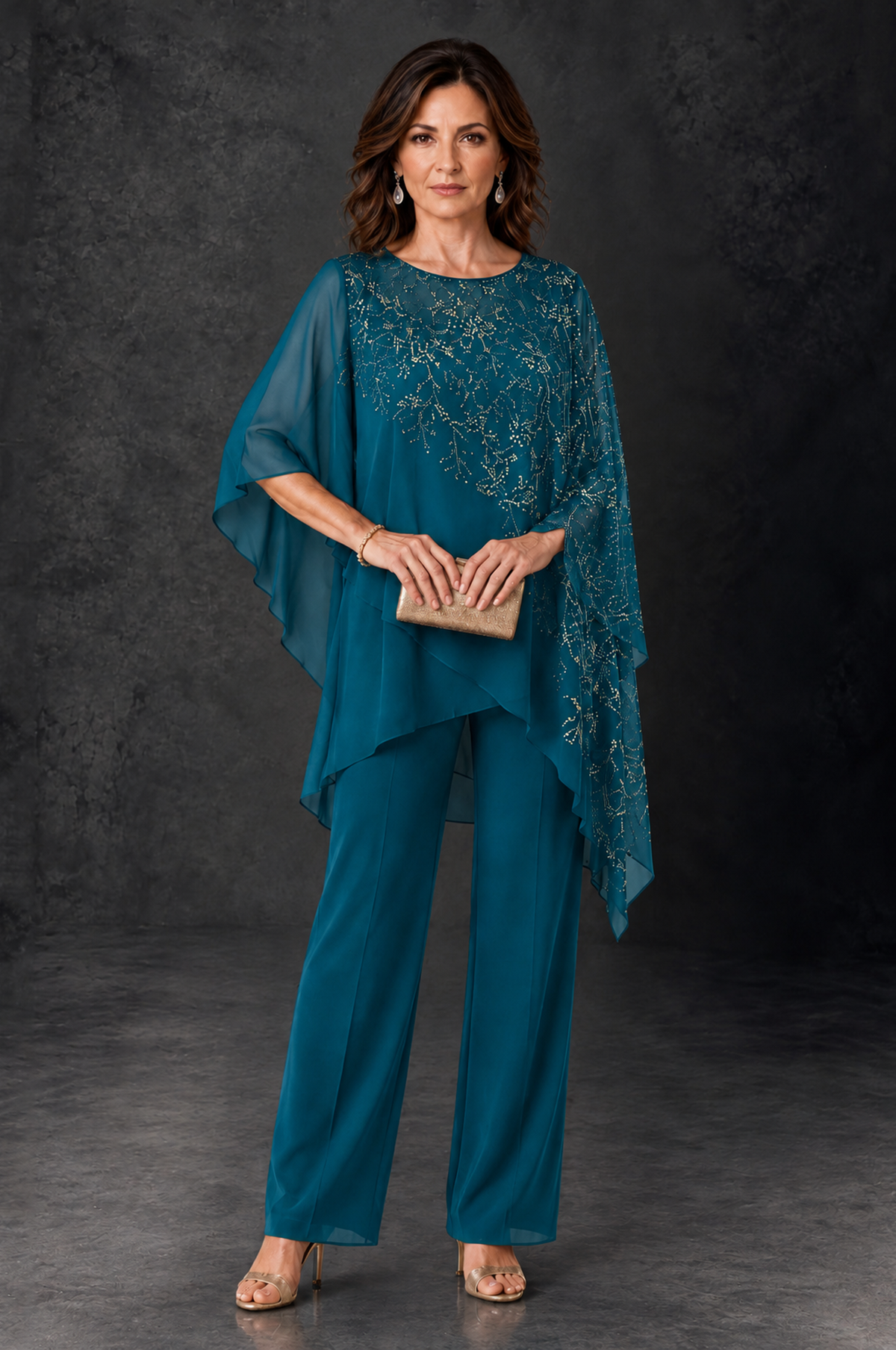 BOLODOO Peacock Embellished Cape Pant Suit for Mother of the Bride - Peacock - Peacock_1
