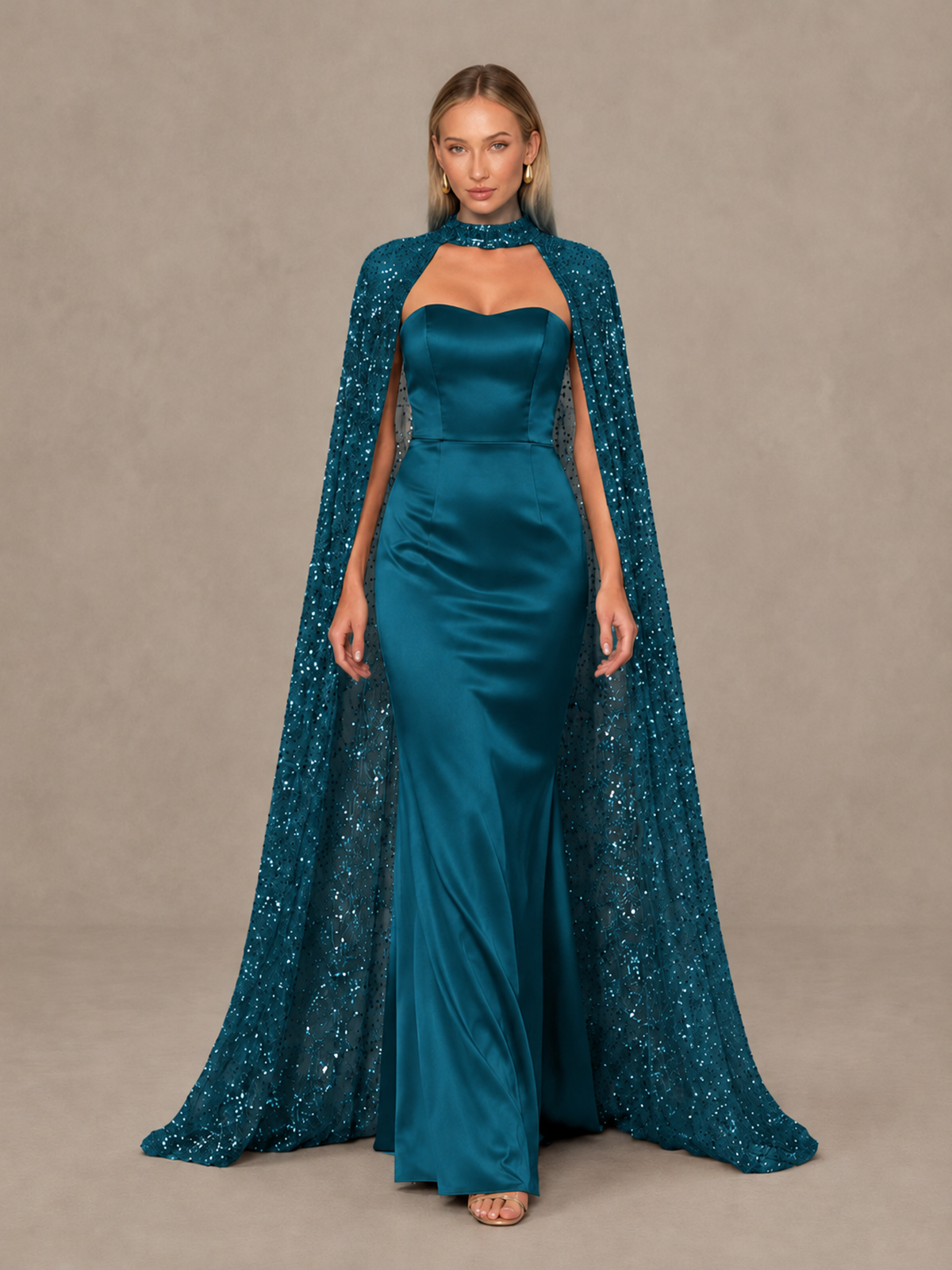 BOLODOO Peacock Strapless Satin-Look Evening Gown with Sequin Cape - Peacock - Peacock_1