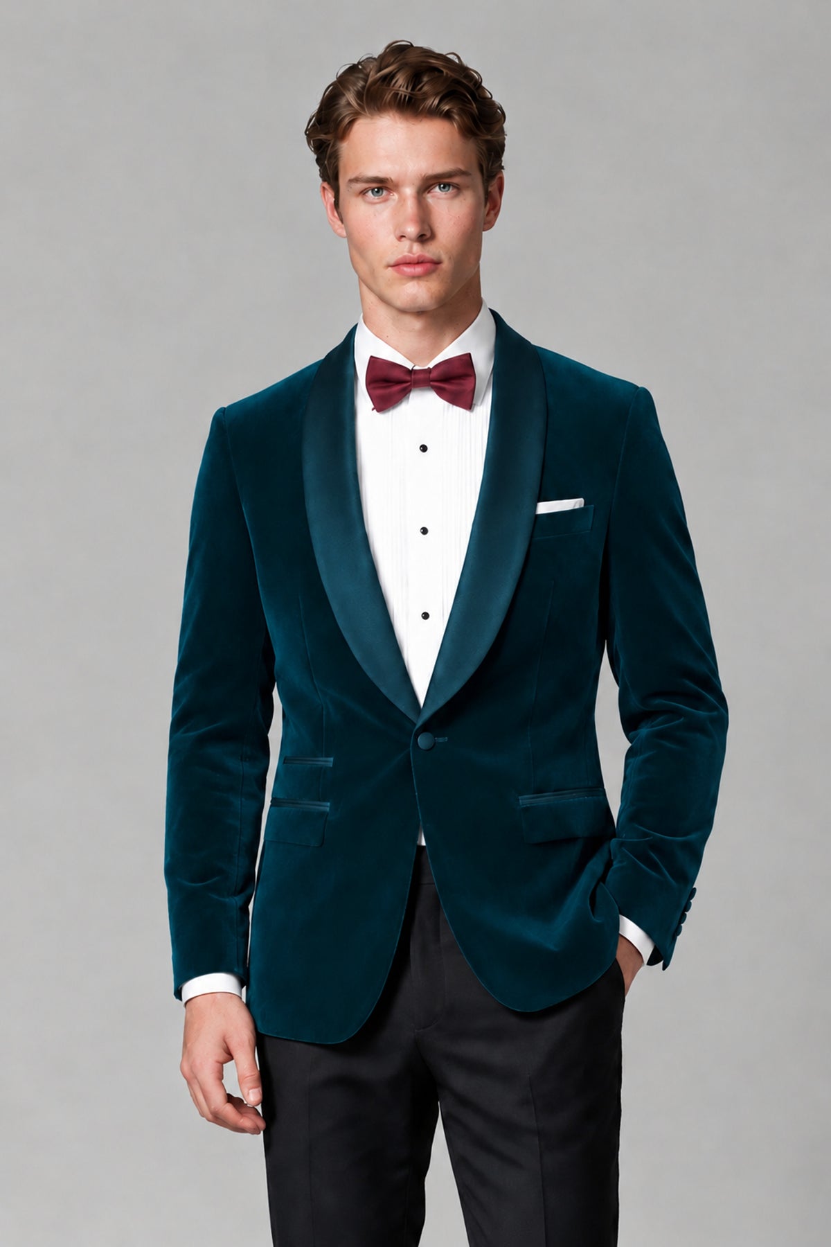 BOLODOO Men's Peacock Velvet Blazer | Shawl Lapel Tuxedo Jacket - Peacock - Peacock_1