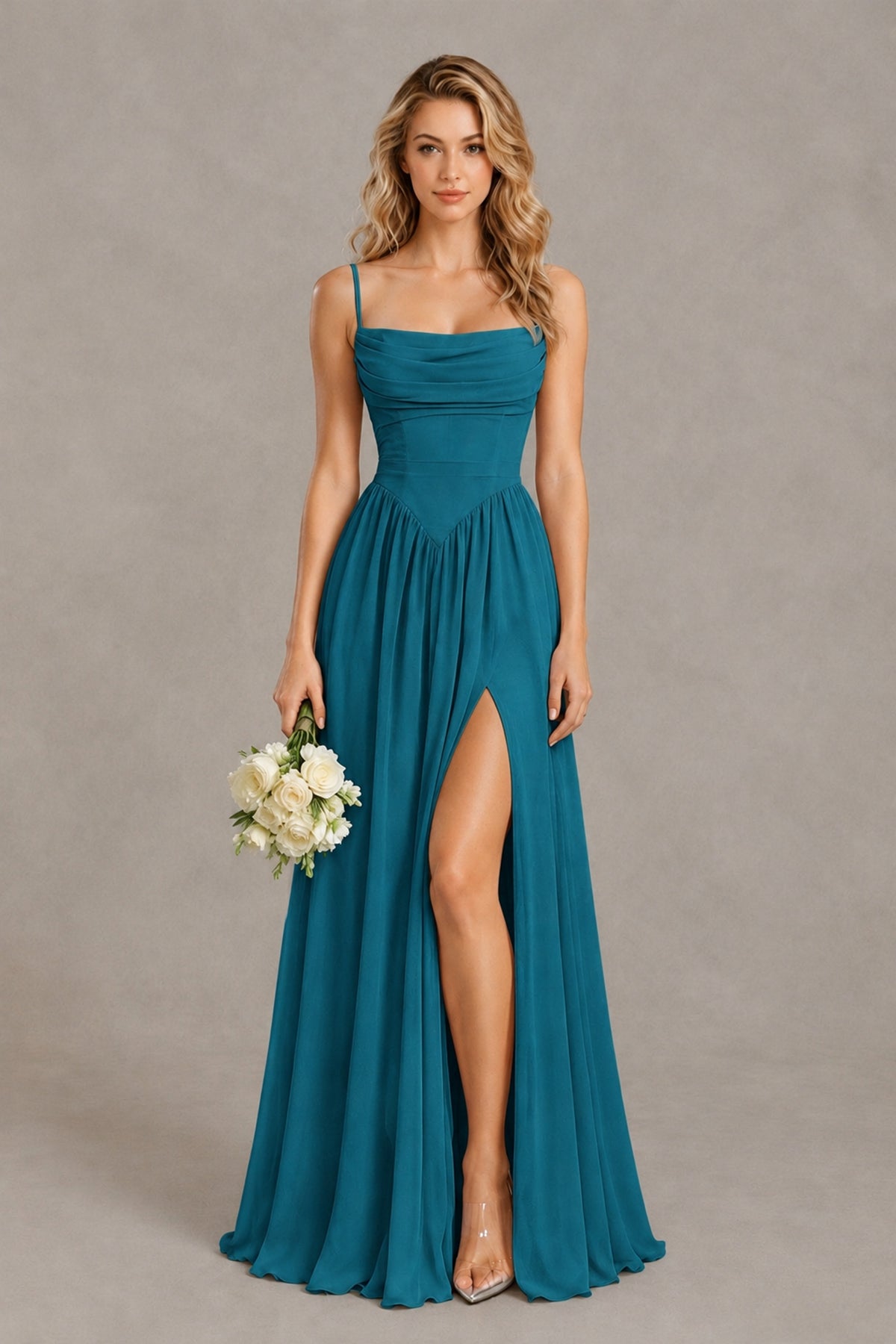 BOLODOO Peacock Spaghetti Strap A-Line Bridesmaid Dress with Slit - Peacock - Peacock_1