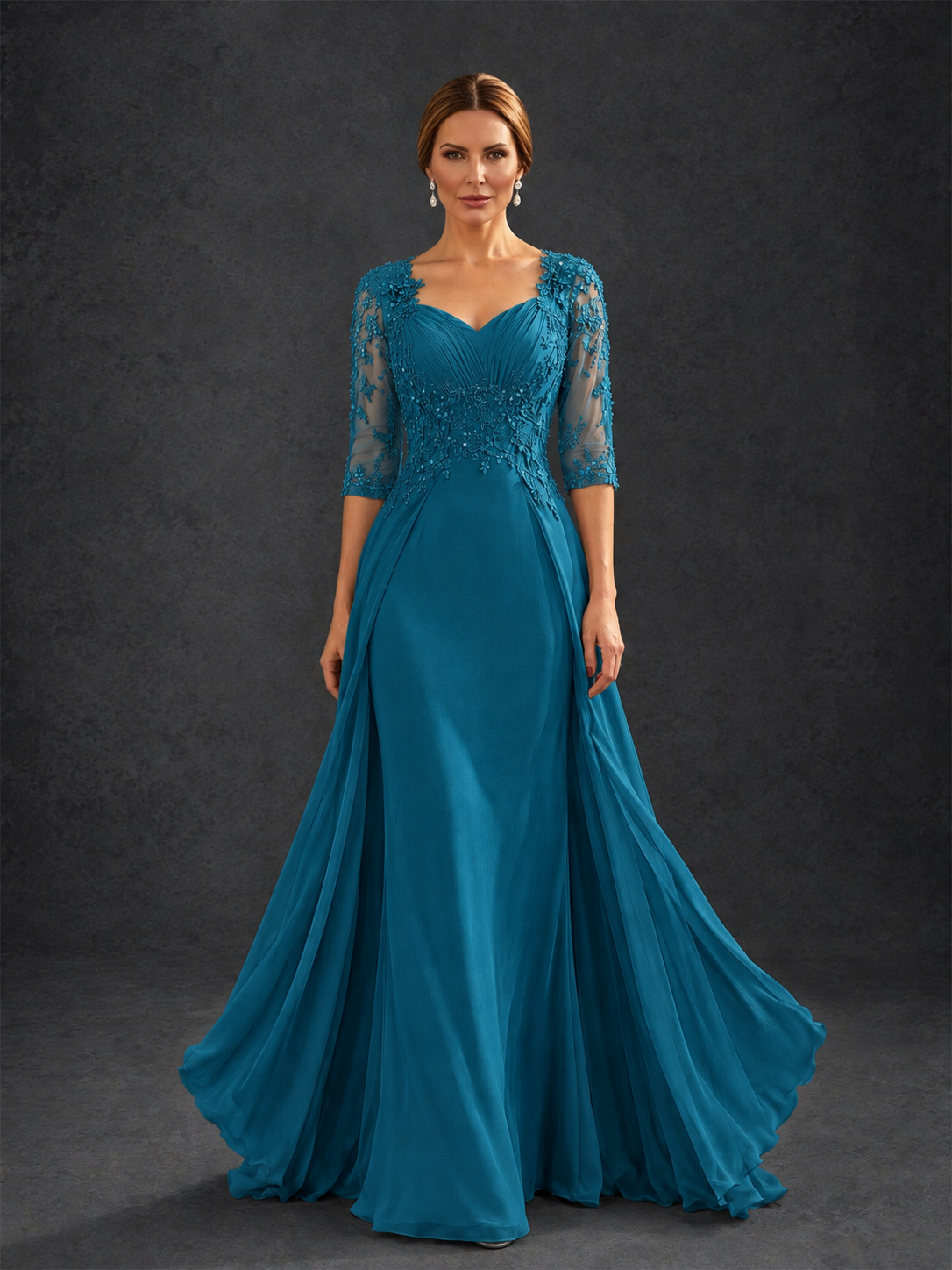BOLODOO Peacock Sweetheart Neck 3/4 Sleeve Floral Lace Illusion Bodice Chiffon A-Line Gown - Peacock