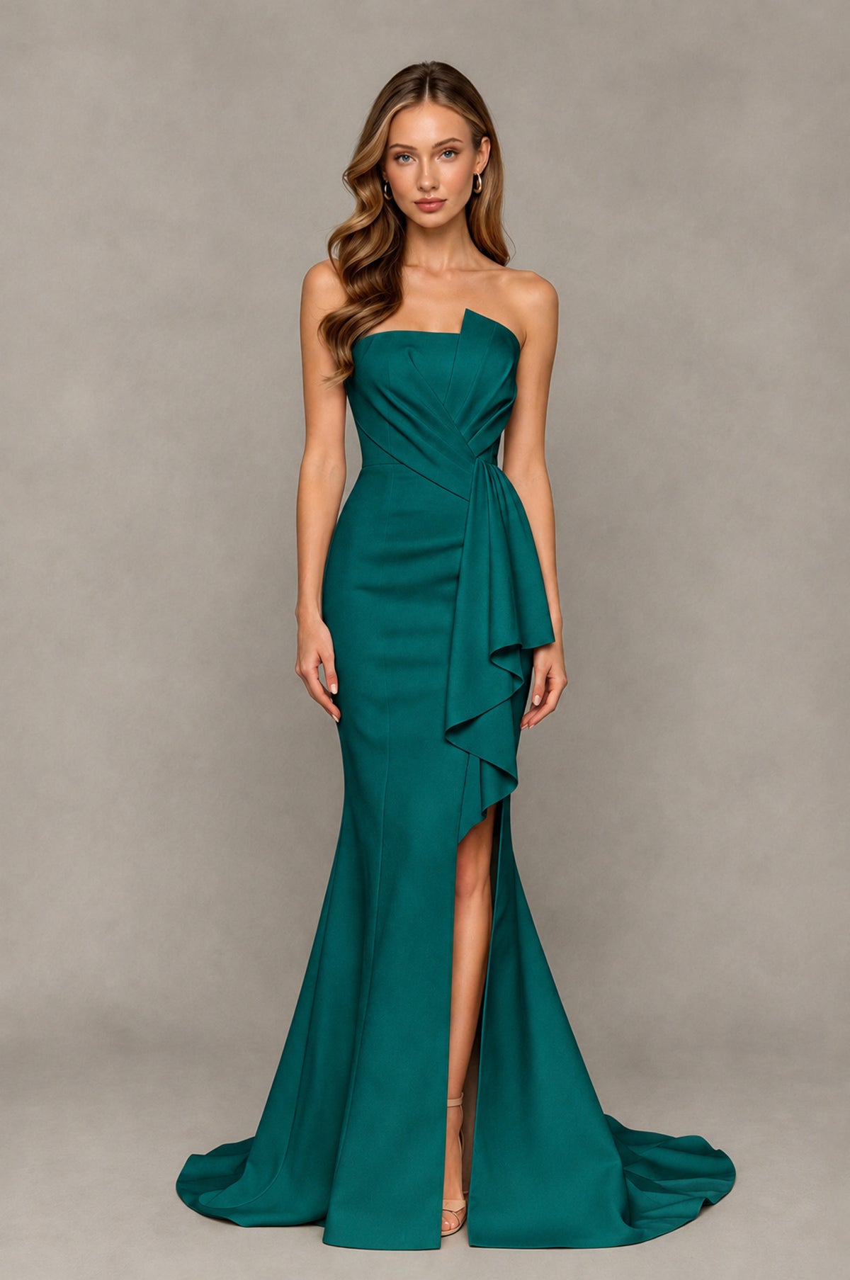 BOLODOO Peacock Strapless Mermaid Evening Dress with Ruffle Slit and Train - Peacock - Peacock_1