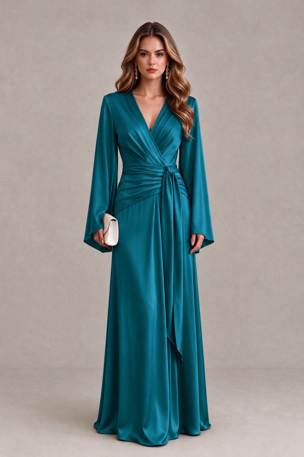BOLODOO Peacock Yellow Satin-Look V-Neck Long Bell Sleeve Evening Dress - Peacock - Peacock_1