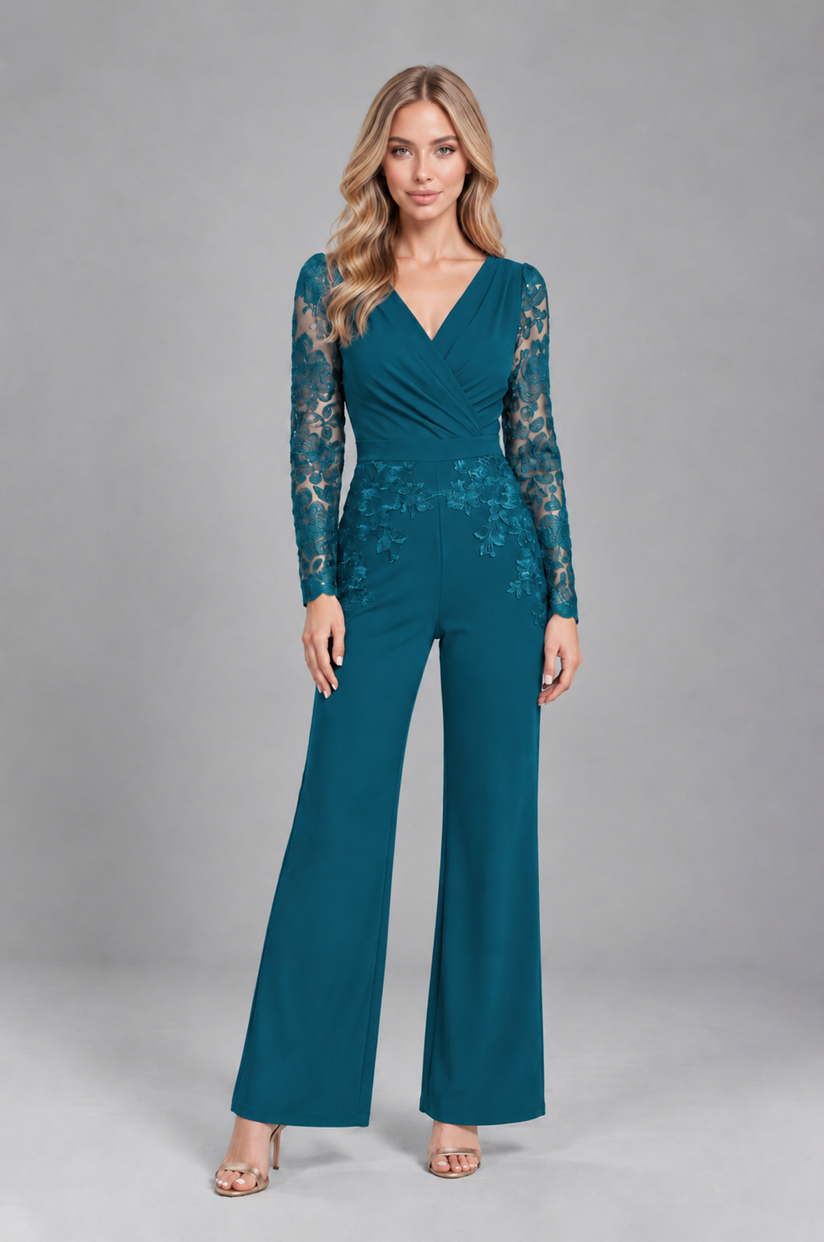 BOLODOO Peacock Lace Long-Sleeve V-Neck Mother Pant Suit - Peacock - Peacock_1