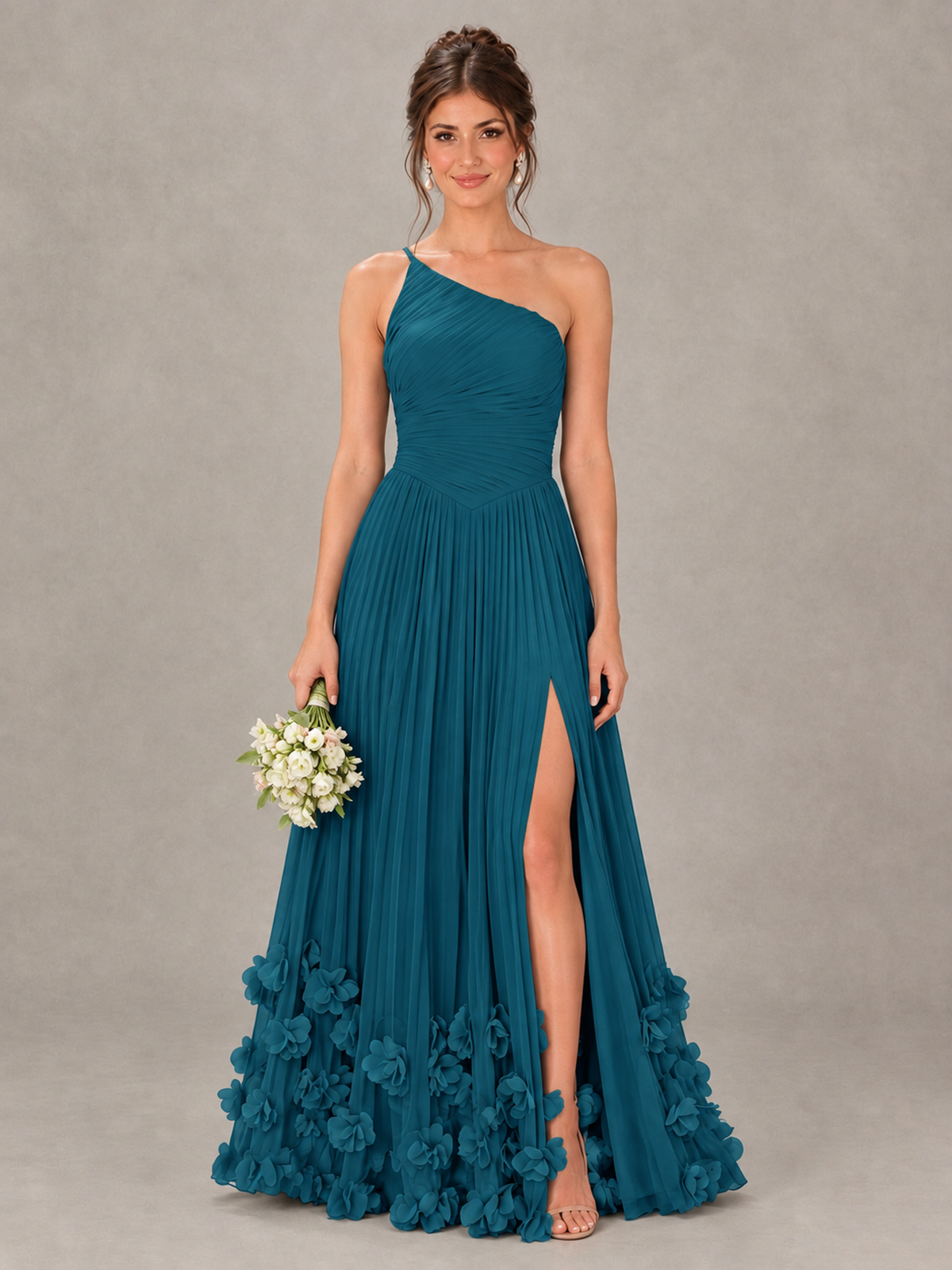 BOLODOO Peacock One-Shoulder Pleated Bridesmaid Dress with 3D Floral Hem - Peacock - Peacock_1