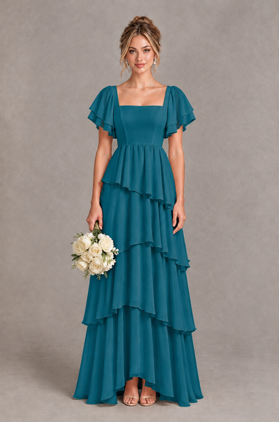 BOLODOO Peacock Square Neck Flutter Sleeve Tiered Chiffon Bridesmaid Dress with Lace-Up Back - Peacock - Peacock_1