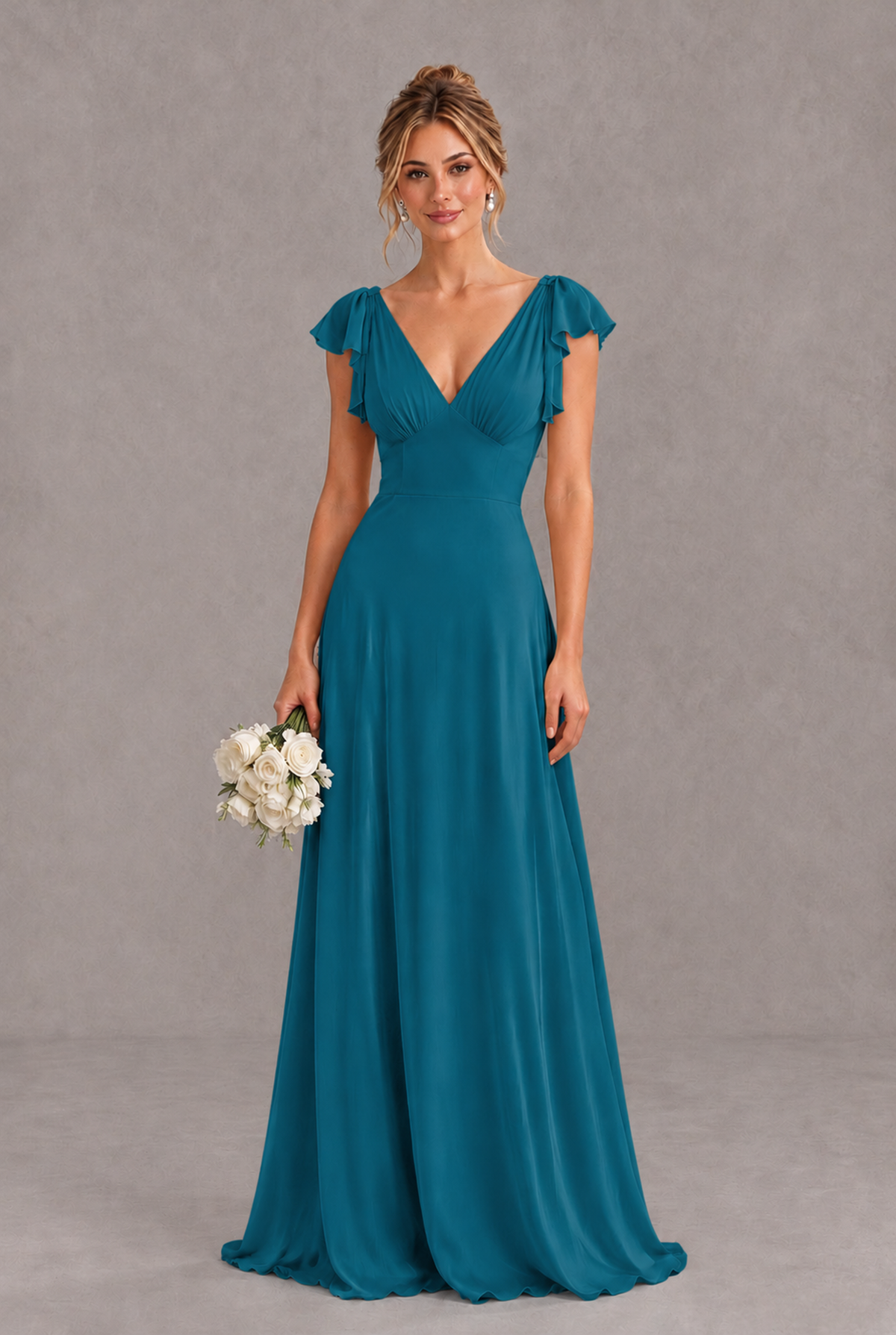 BOLODOO Peacock V-Neck Flutter Sleeve A-Line Bridesmaid Dress - Peacock - Peacock_1