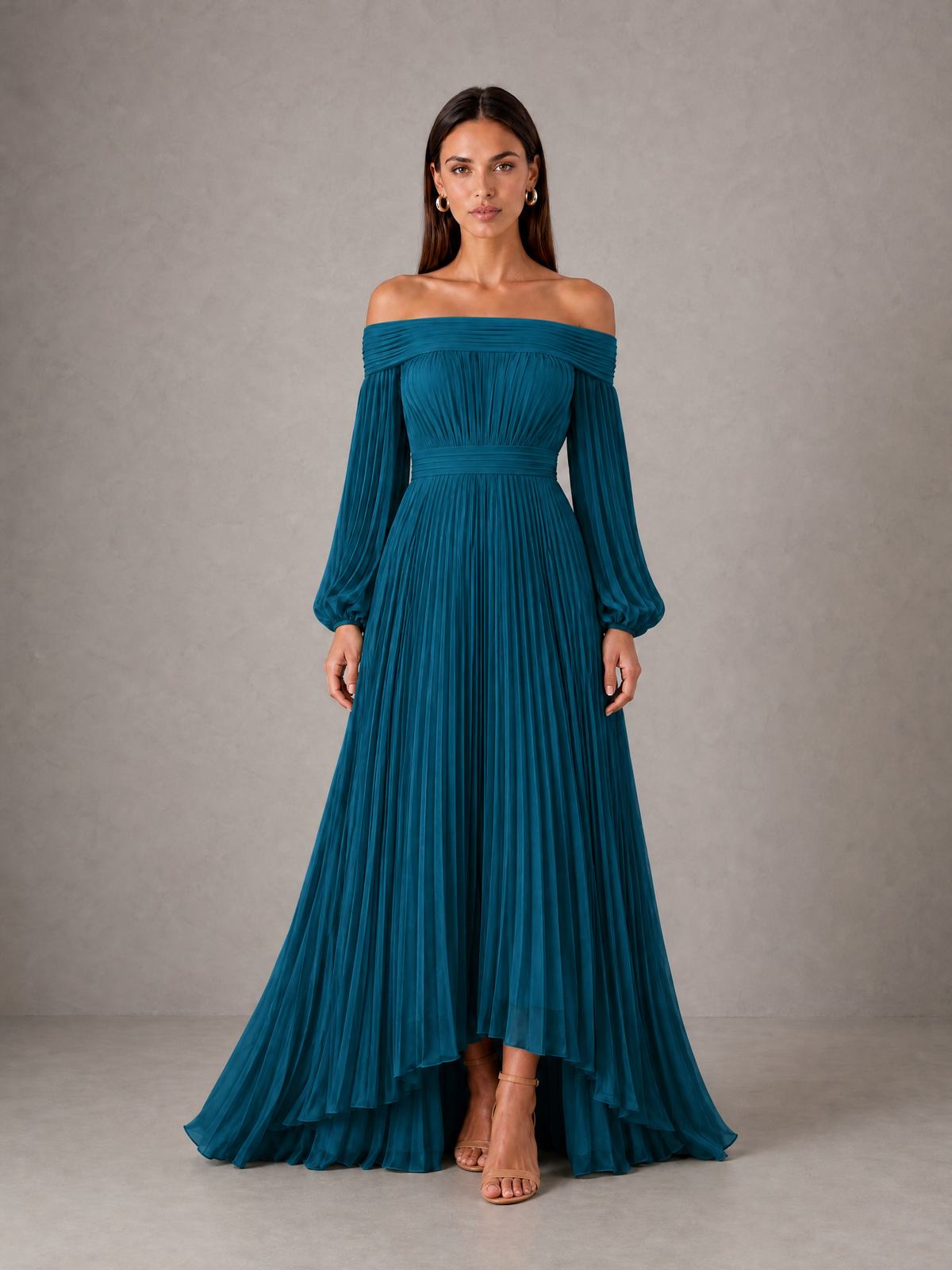 BOLODOO Peacock Off-Shoulder Long Sleeve Pleated High-Low Dress - Peacock - Peacock_1