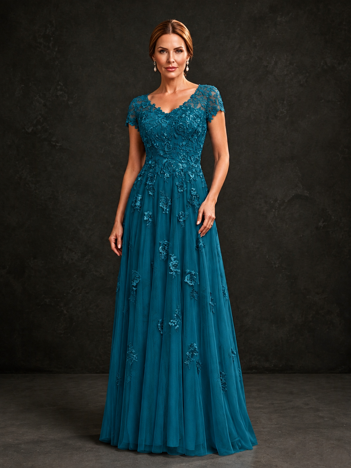 BOLODOO Peacock Cap Sleeve Lace Appliqué A-Line Formal Gown | Mother of the Bride Dress - Peacock - Peacock_1