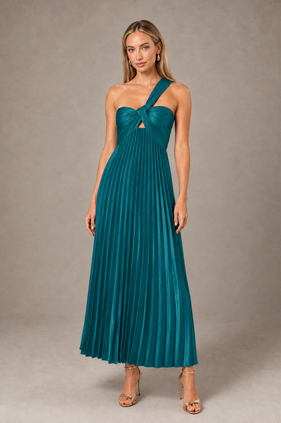 BOLODOO Peacock One-Shoulder Twist Knot Pleated Satin Midi Dress with Cutout - Peacock - Peacock_1