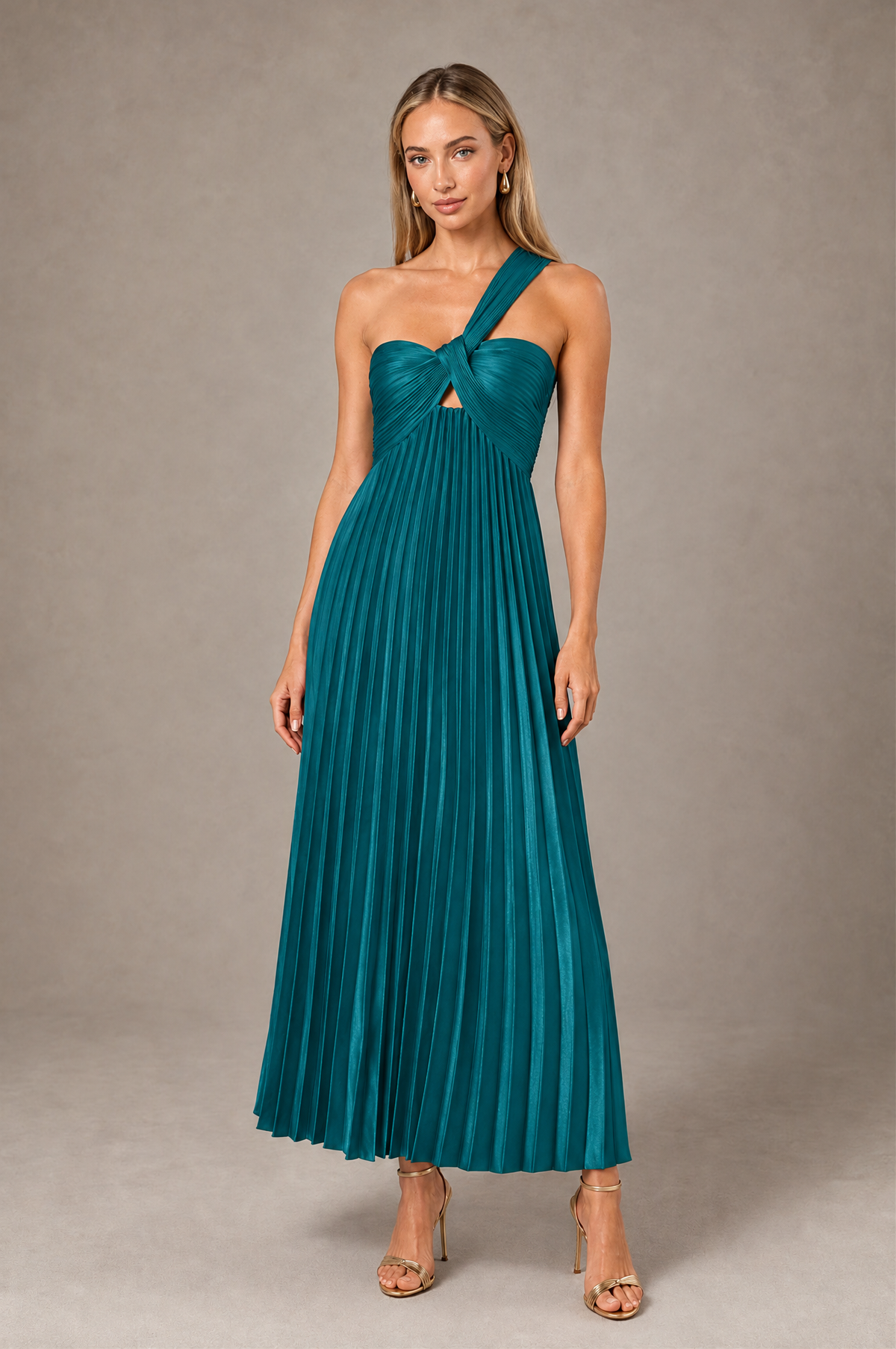 BOLODOO Peacock One-Shoulder Twist Knot Pleated Satin Midi Dress with Cutout - Peacock - Peacock_1