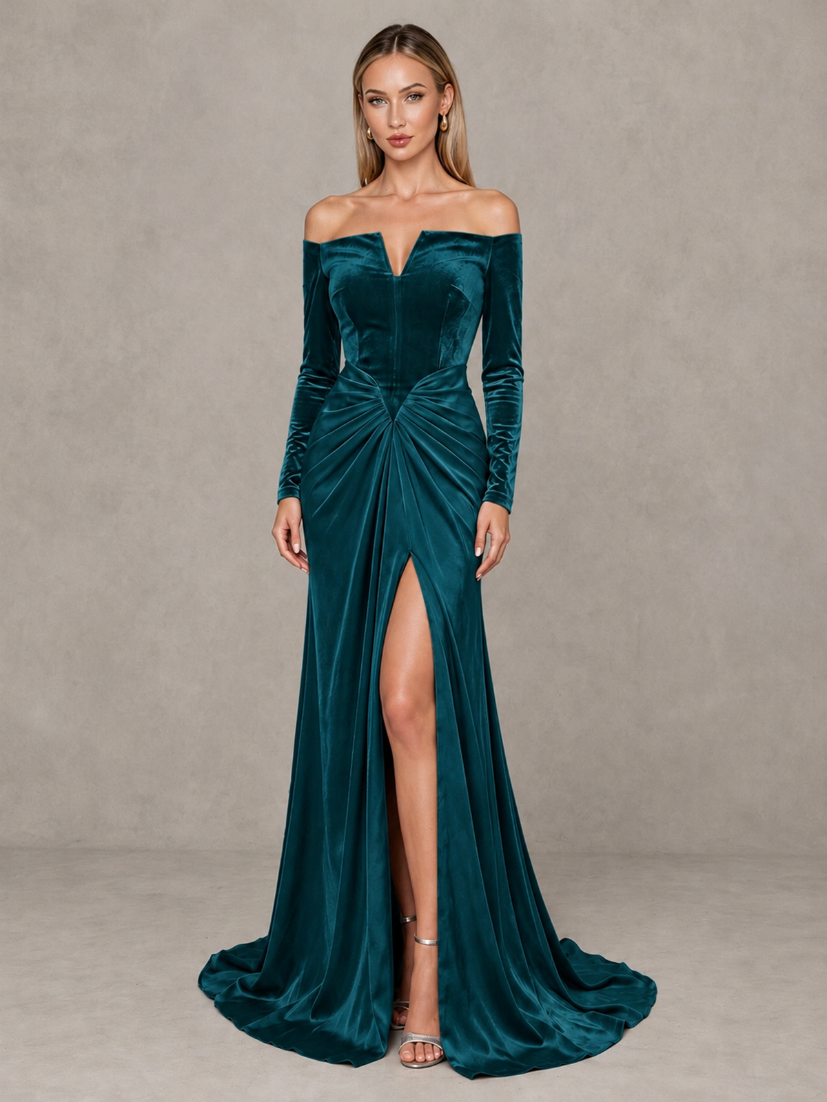 BOLODOO Peacock Off-Shoulder Velvet Evening Gown with High Slit - Peacock - Peacock_1