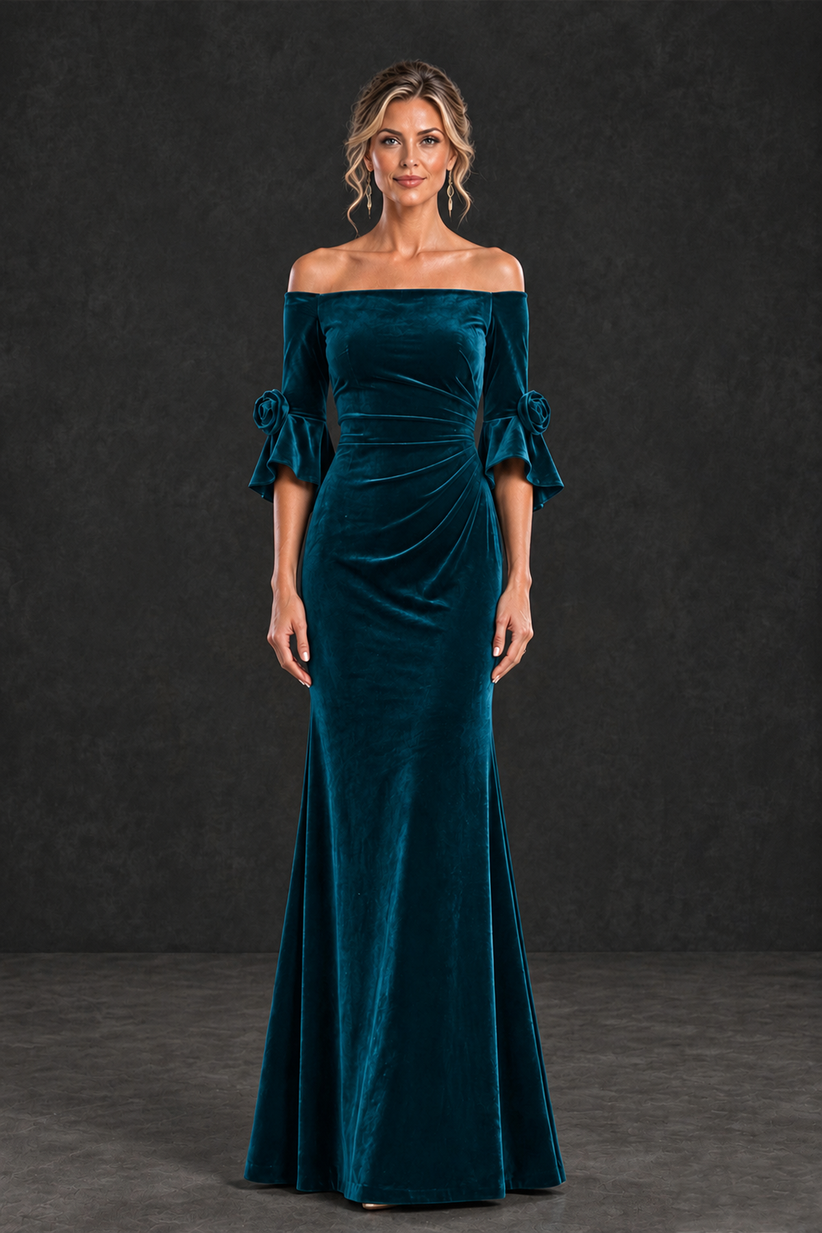BOLODOO Peacock Velvet Off-Shoulder Mother of the Bride Dress – 3/4 Floral Cuff Sleeve Mermaid Evening Gown - Peacock - Peacock_1