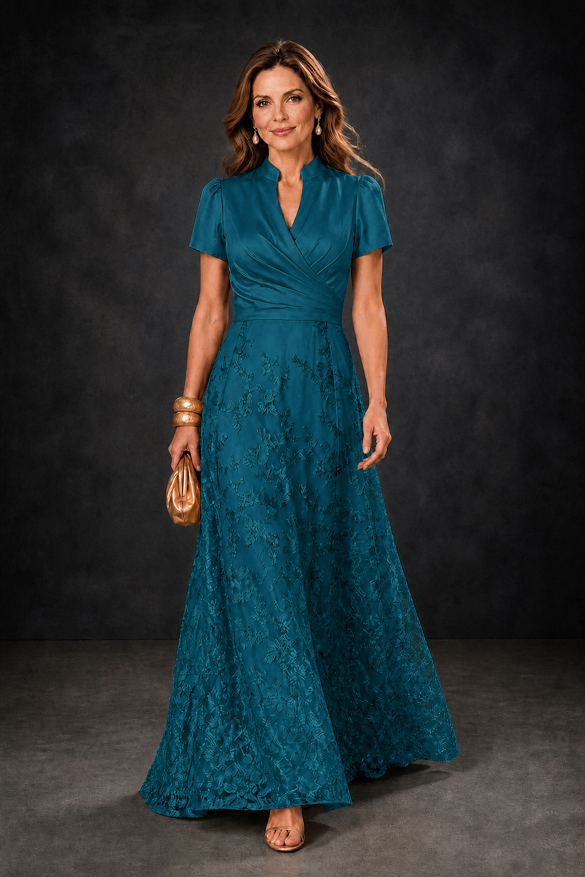 BOLODOO Peacock Satin Wrap V-Neck Short Sleeve Lace Glitter A-Line Floor Length Evening Gown – Formal Dress - Peacock