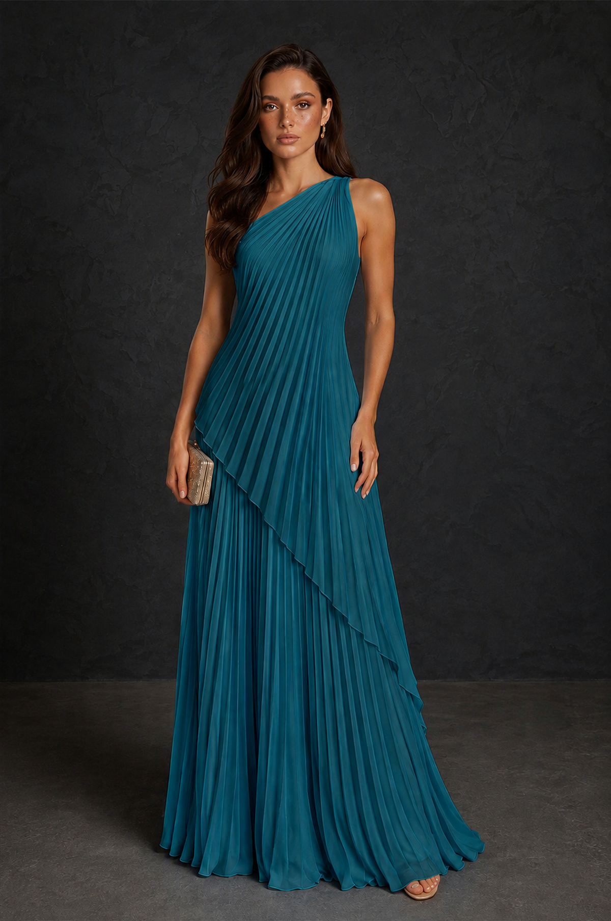 BOLODOO Peacock One-Shoulder Sunburst Pleated Asymmetric Layered Overlay Accordion Pleated Chiffon Maxi Dress - Peacock